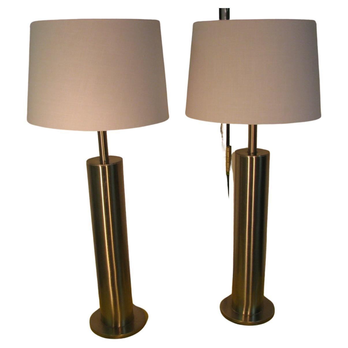 Pair of Mid-Century Modern Stainless Steel Cylindrical Table Lamps For Sale