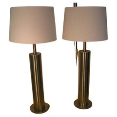 Vintage Pair of Mid-Century Modern Stainless Steel Cylindrical Table Lamps
