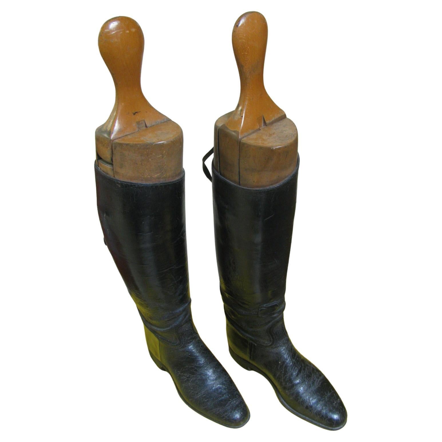 Pair of 1940s Mid Century Ladies Riding Boots with Wooden Stretchers For Sale