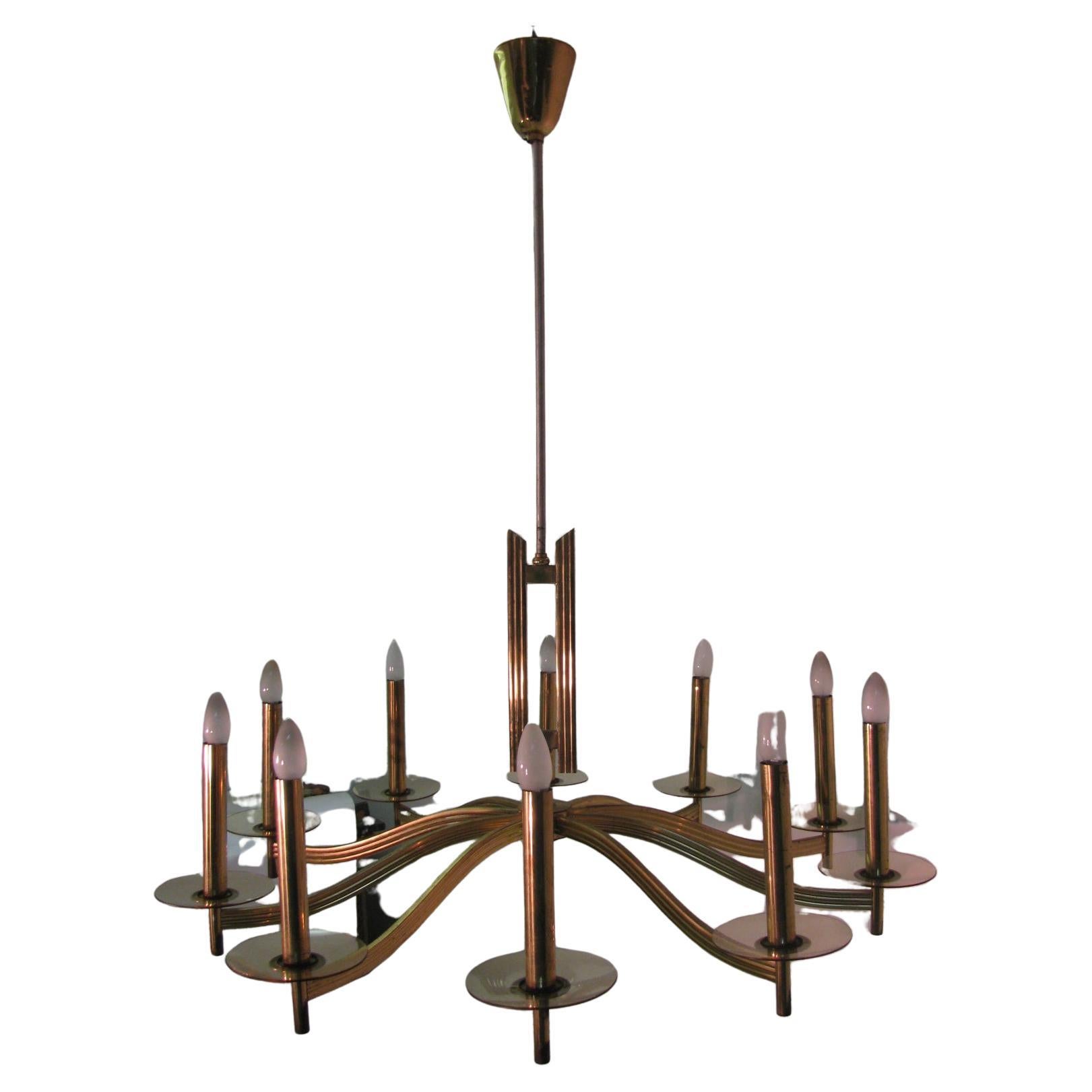 Mid-Century Modern Classical Brass Ten Arm Chandelier with Glass Bobeches For Sale