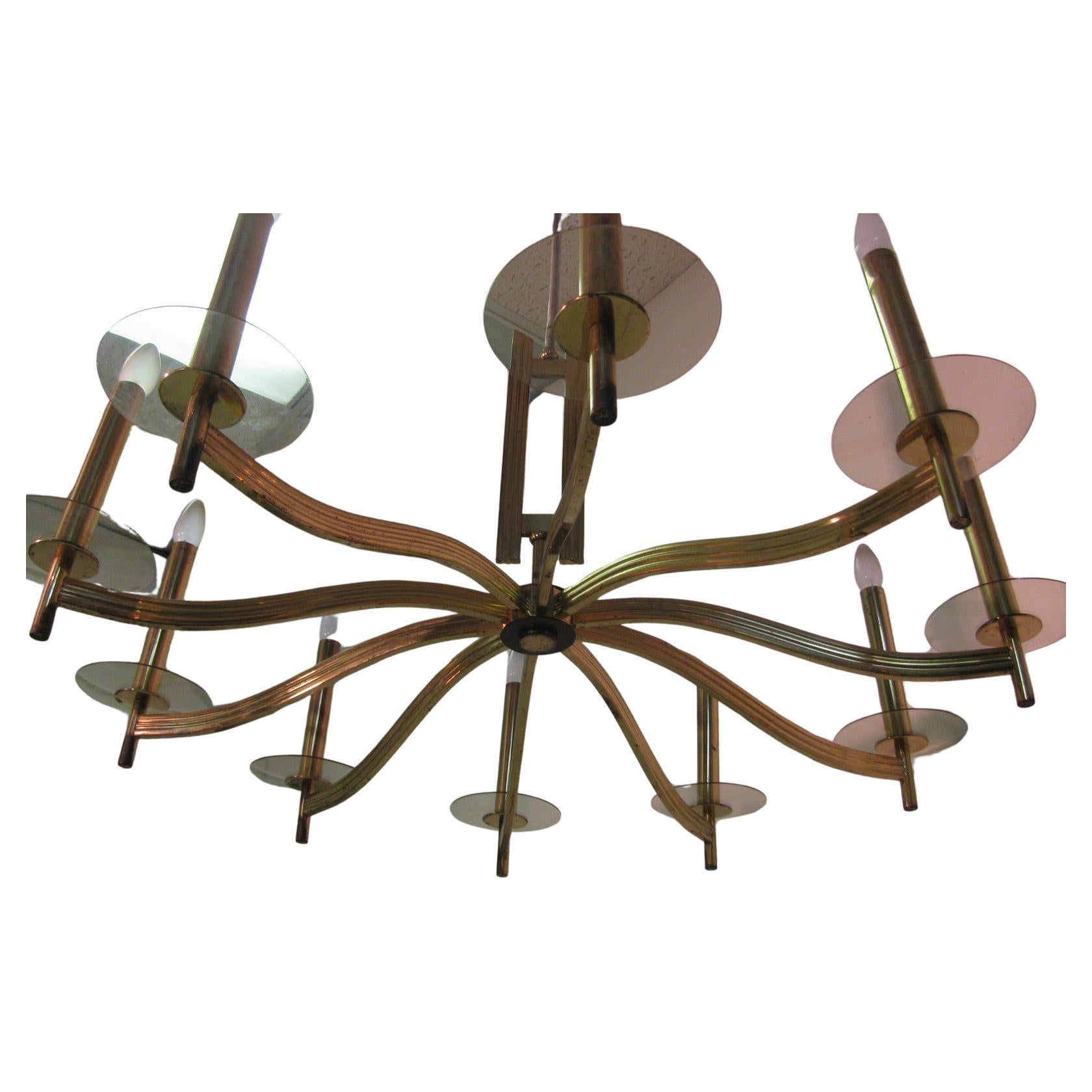 Mid-20th Century Mid-Century Modern Classical Brass Ten Arm Chandelier with Glass Bobeches For Sale