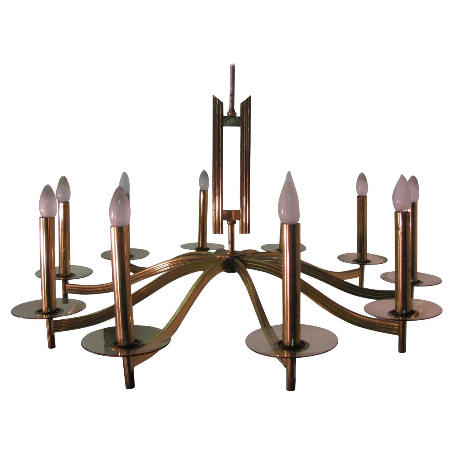 Pressed Mid-Century Modern Classical Brass Ten Arm Chandelier with Glass Bobeches For Sale