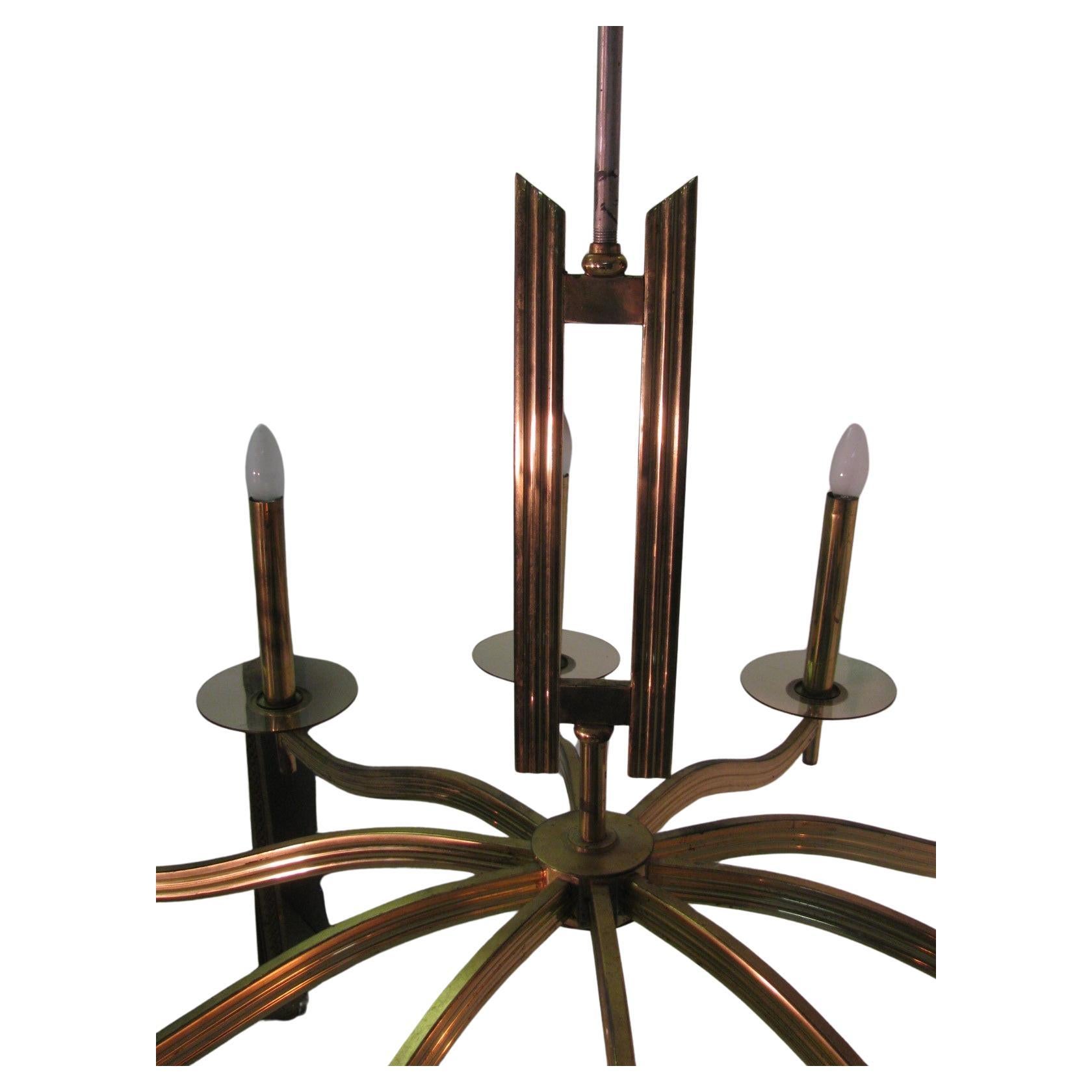French Mid-Century Modern Classical Brass Ten Arm Chandelier with Glass Bobeches For Sale