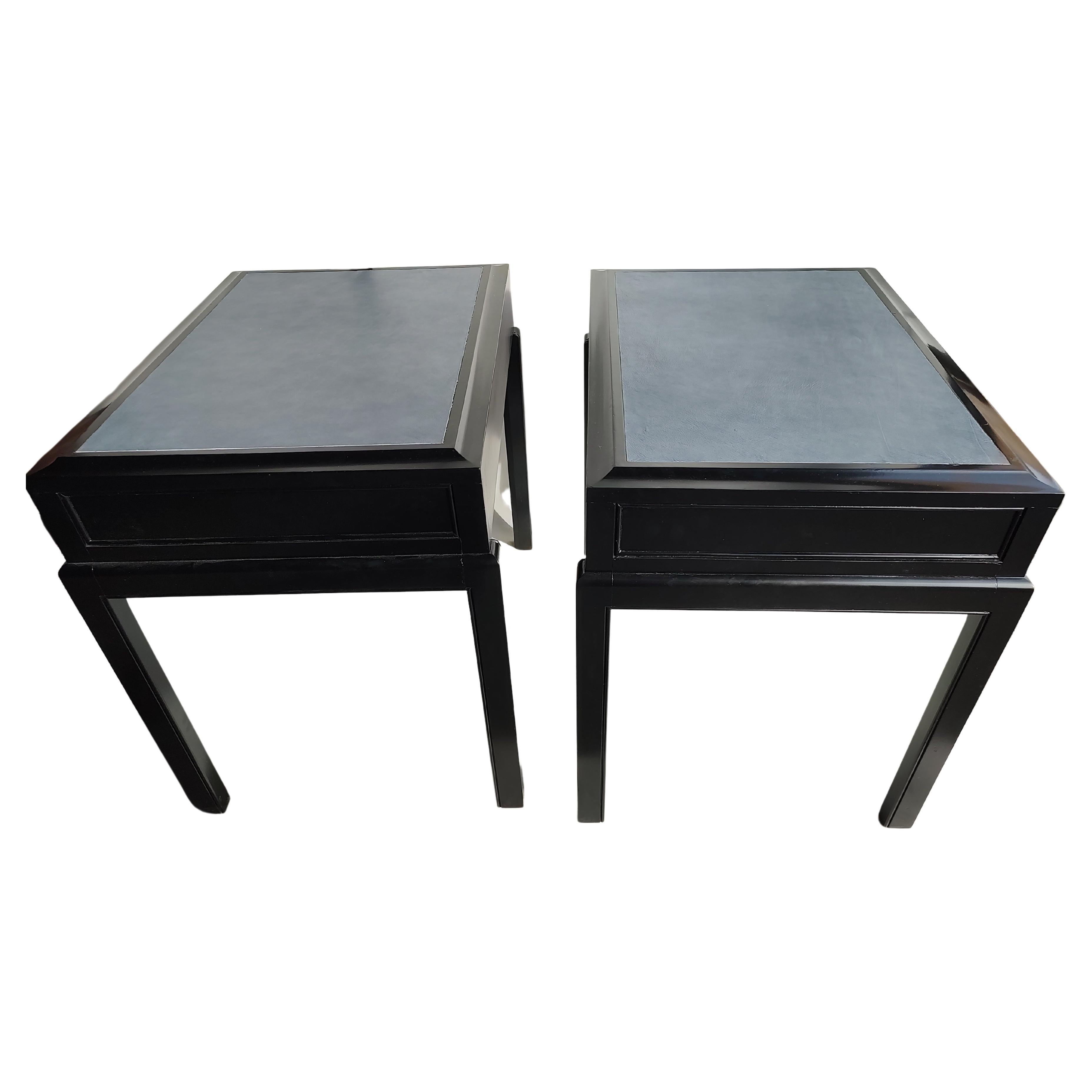 Grosfeld House Leather Top Side End Tables in Black Lacquer, circa 1968 For Sale