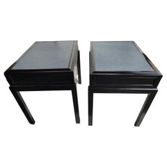 Vintage Grosfeld House Leather Top Side End Tables in Black Lacquer, circa 1968