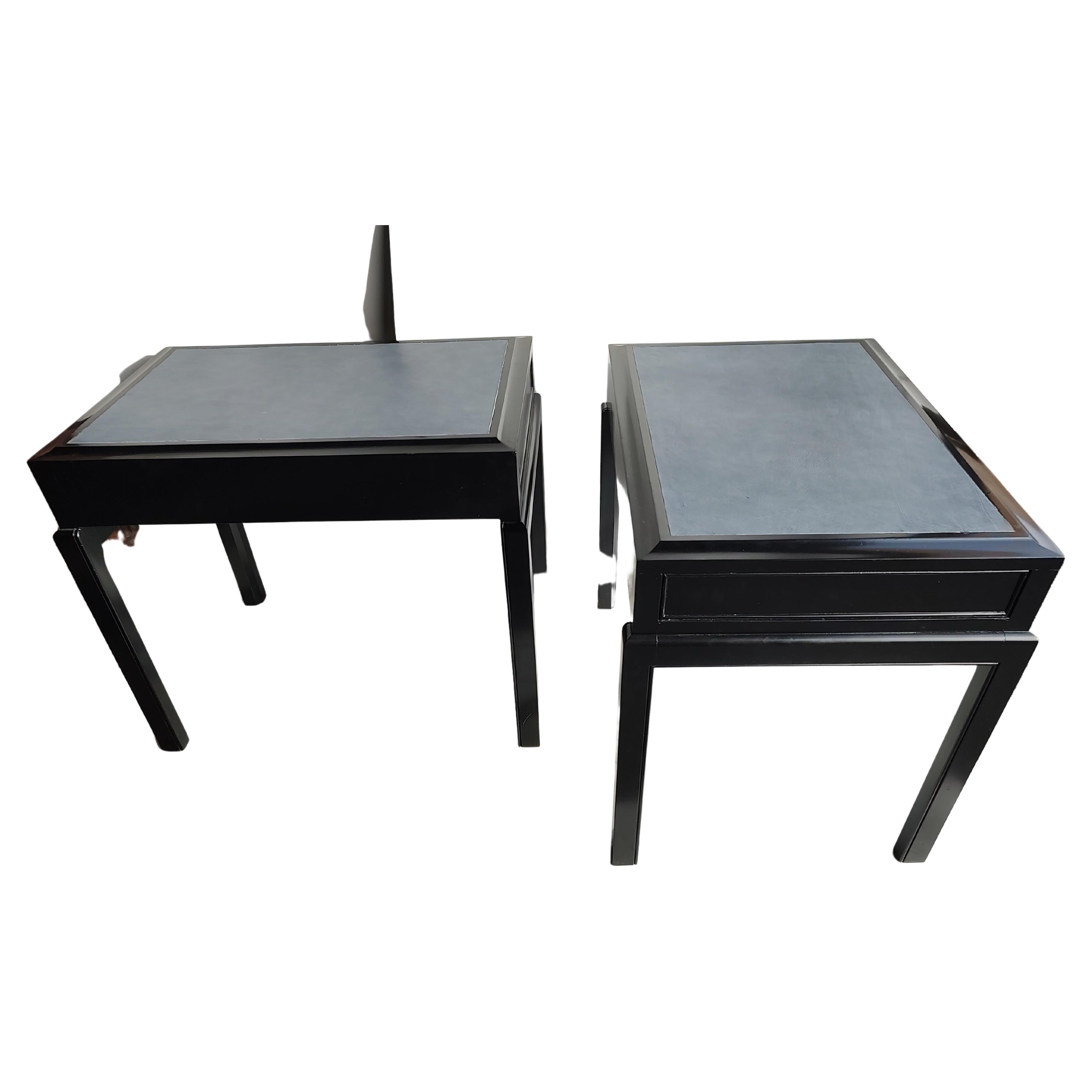 American Grosfeld House Leather Top Side End Tables in Black Lacquer, circa 1968 For Sale