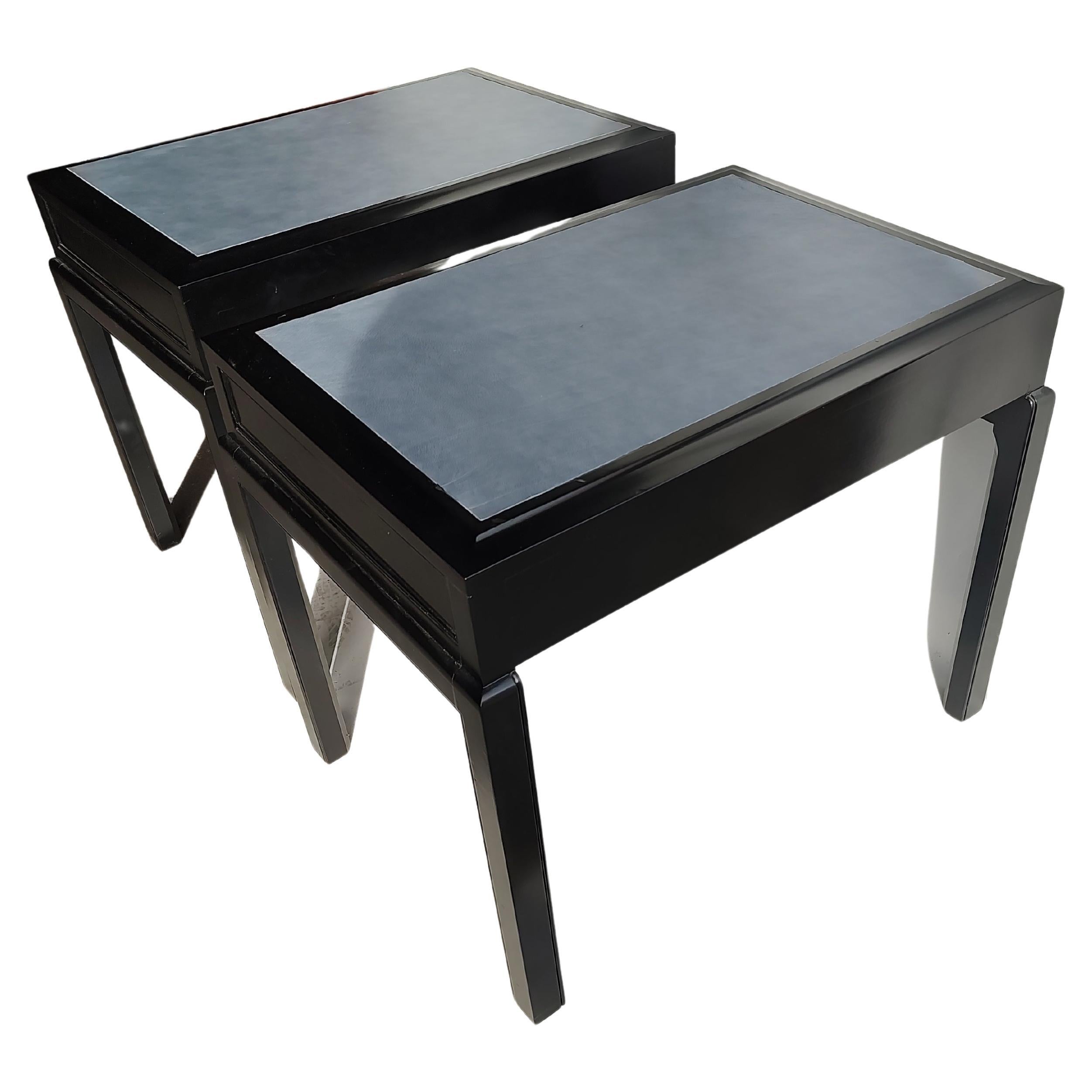 Hollywood Regency Grosfeld House Leather Top Side End Tables in Black Lacquer, circa 1968 For Sale