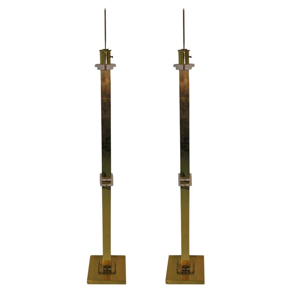 Pair of Mid Century Modern Frederick Cooper Brass and Lucite Floor Lamps For Sale