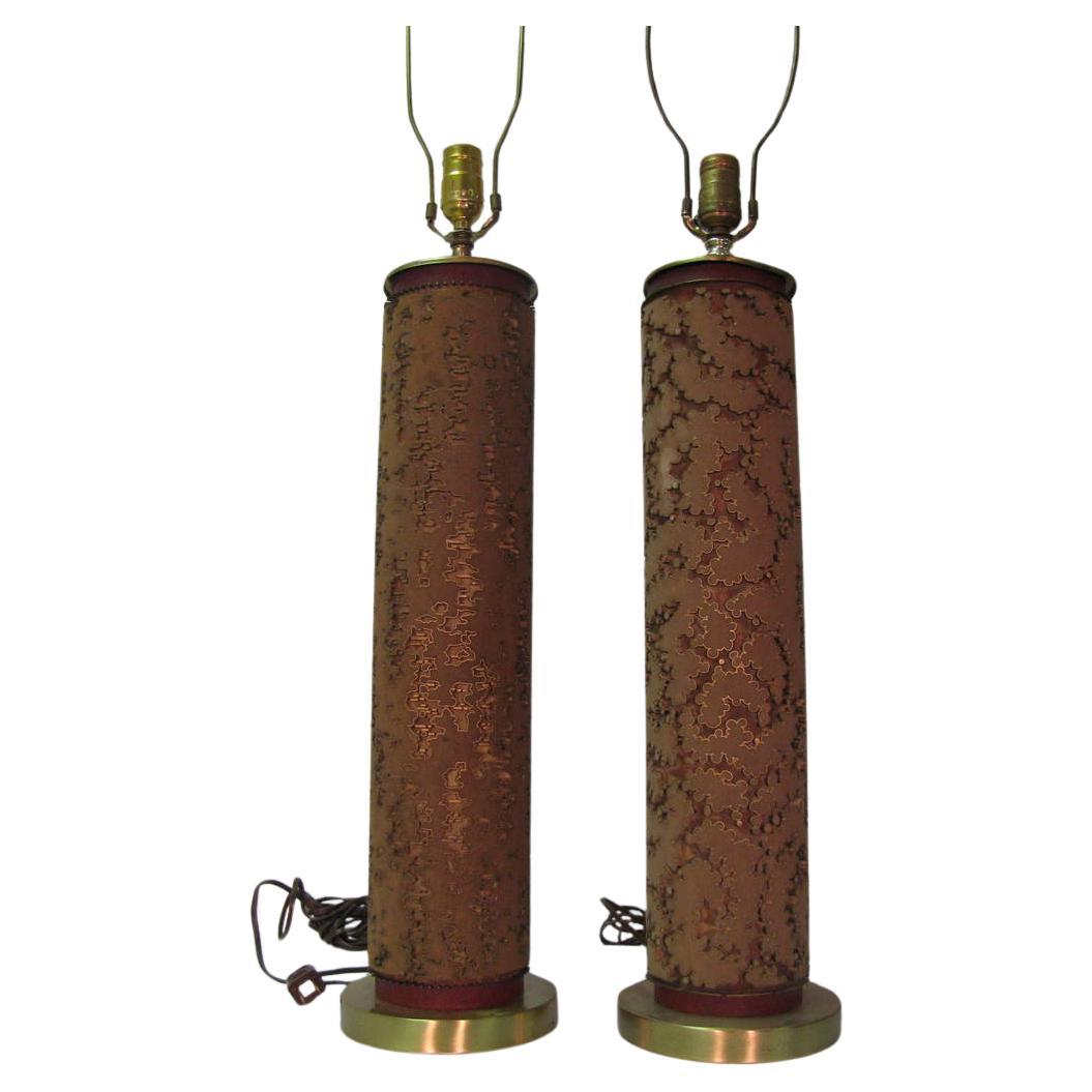 Pair of Tall Mid Century Modern Antique Wall Paper Roll Table Lamps For Sale