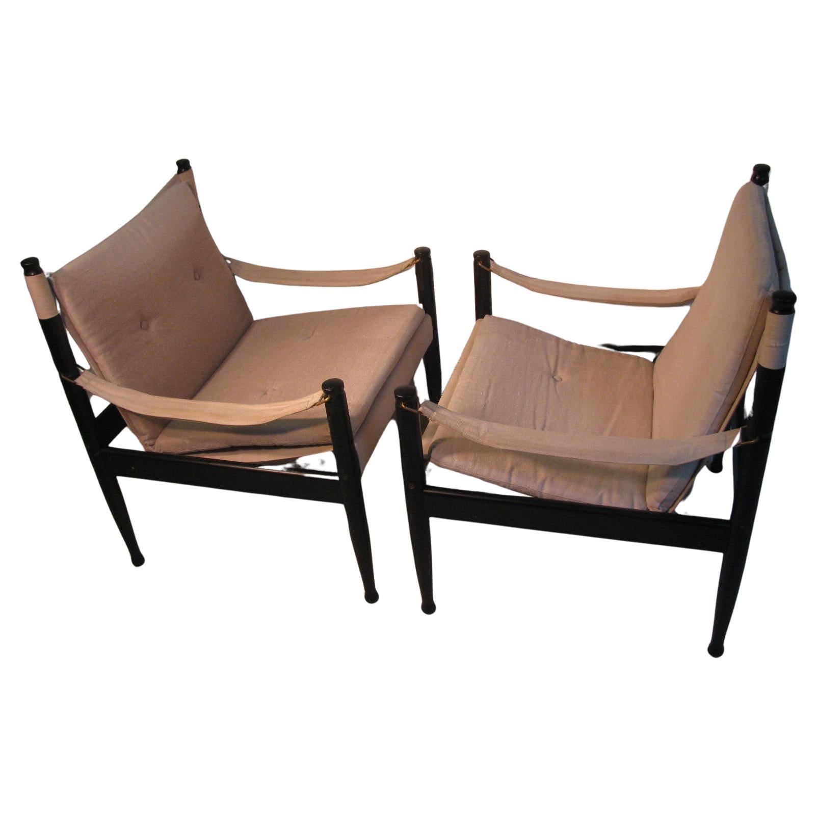 Woven Pair of Mid-Century Modern Danish Safari Campaign Lounge Chairs by Erik Worts For Sale