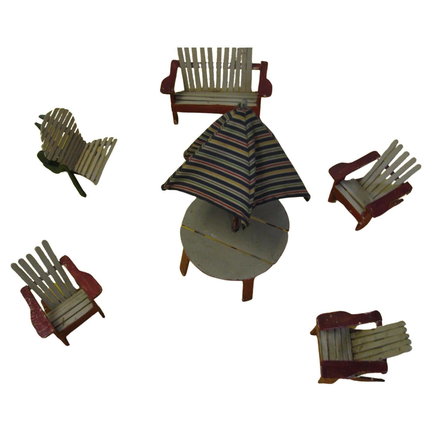 Folk Art Adirondack Chairs with Table and Folding  Umbrella For Sale