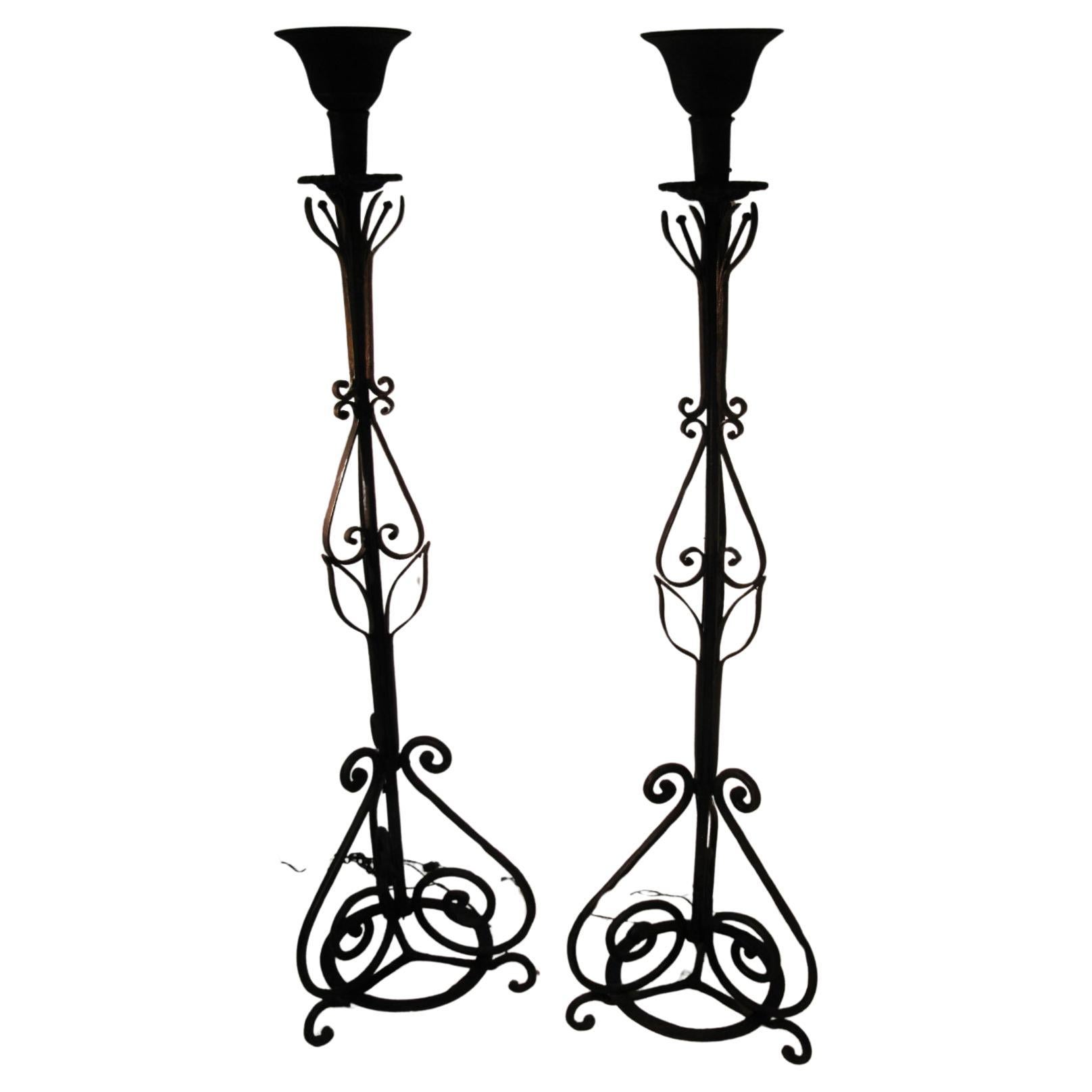 Pair of Large Early 20th Century Hand Wrought Iron Torchieres Floor Lamps For Sale