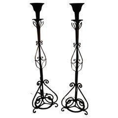 Antique Pair of Large Early 20th Century Hand Wrought Iron Torchieres Floor Lamps
