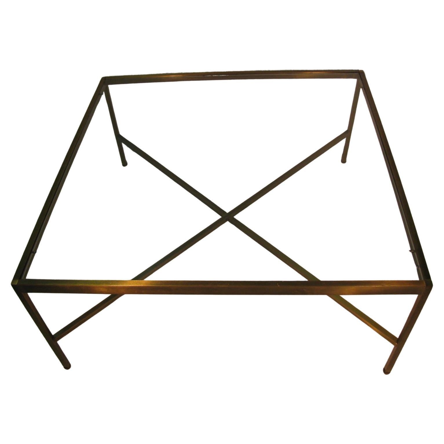 20th Century Mid-Century Modern Brass With Glass Square Cocktail Table with X Stretcher For Sale