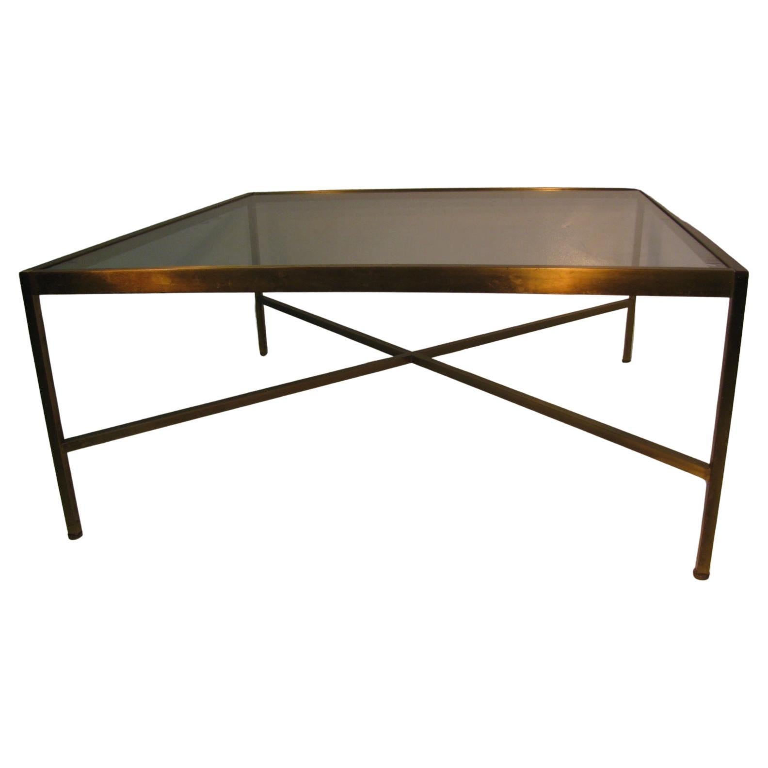 Mid-Century Modern Brass With Glass Square Cocktail Table with X Stretcher In Good Condition For Sale In Port Jervis, NY
