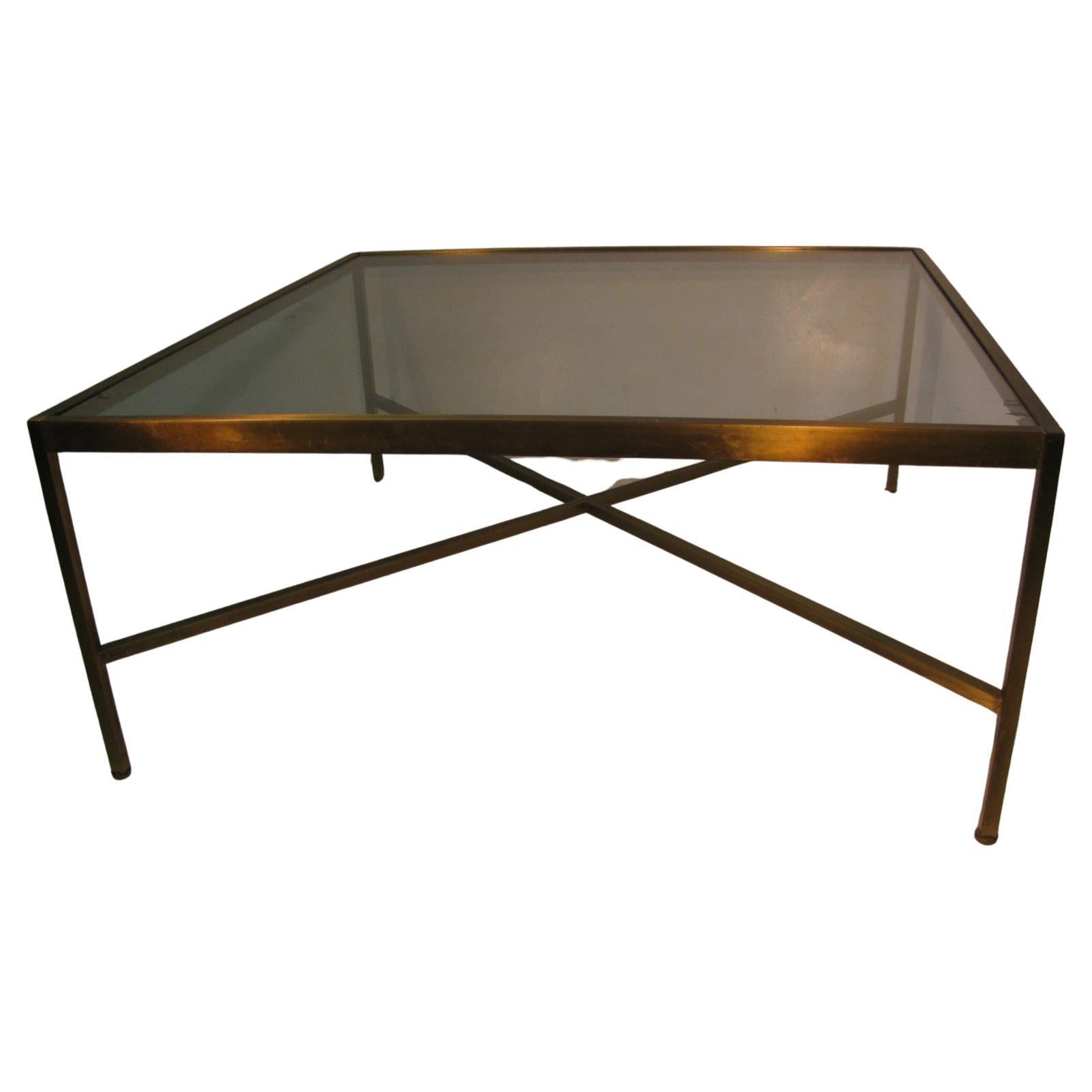Mid-Century Modern Brass With Glass Square Cocktail Table with X Stretcher For Sale