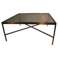 Vintage Mid-Century Modern Brass With Glass Square Cocktail Table with X Stretcher