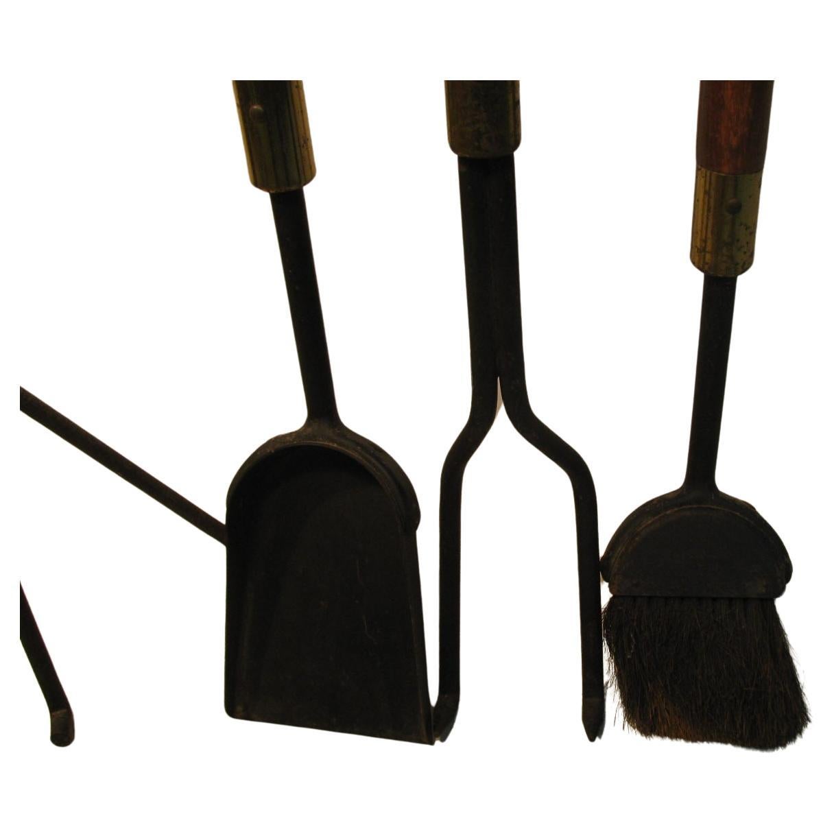 Forged Mid-Century Modern Wood & Iron Fireplace Tool Set by Seymour For Sale