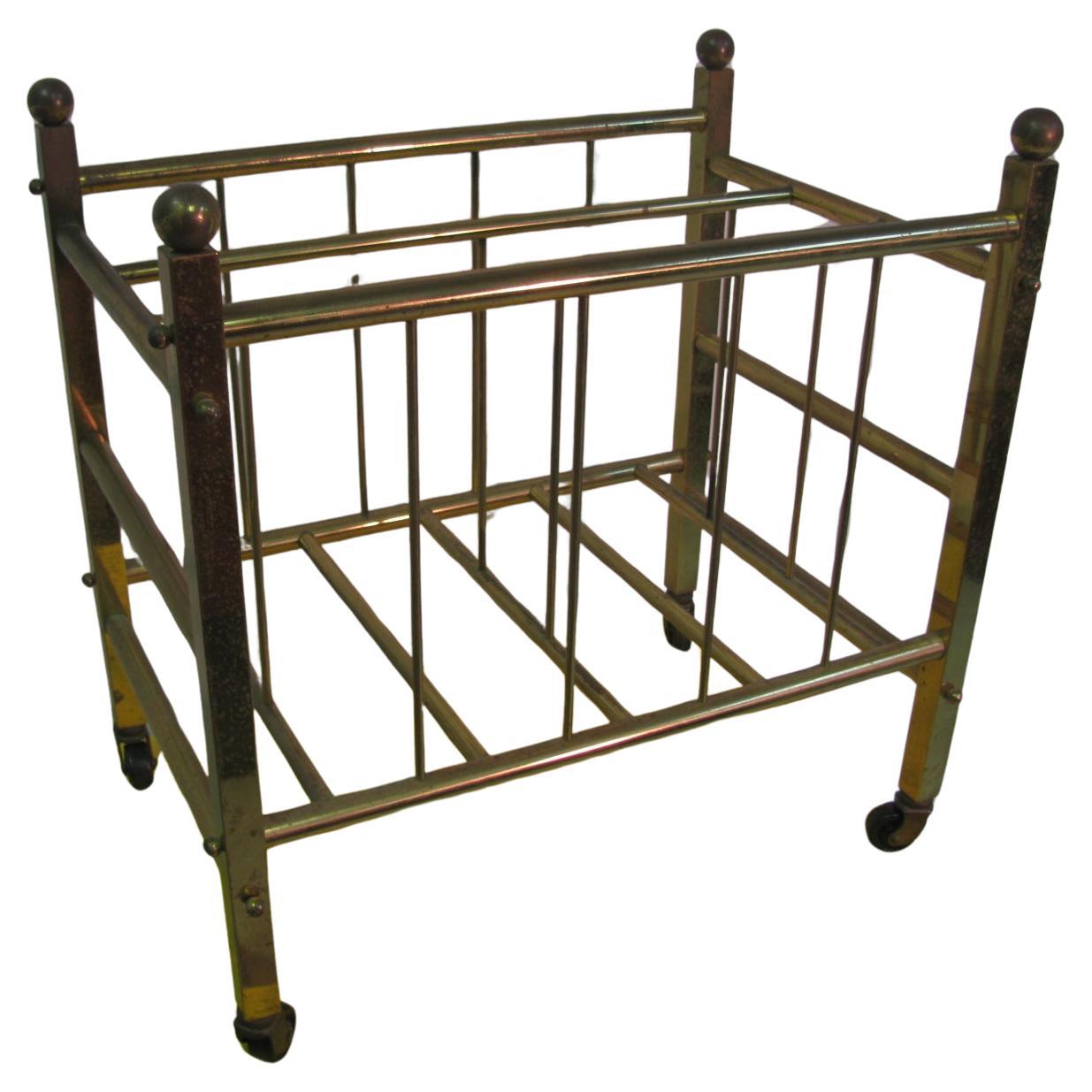 Mid Century Classical Brass Magazine Rack on Wheels C1965 For Sale
