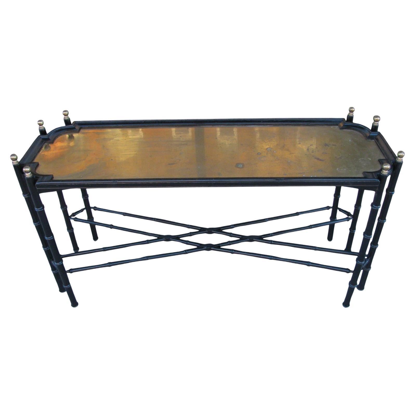 Hollywood Regency Chinese Chippendale Faux Bamboo Brass Sofa Table Made in Spain For Sale