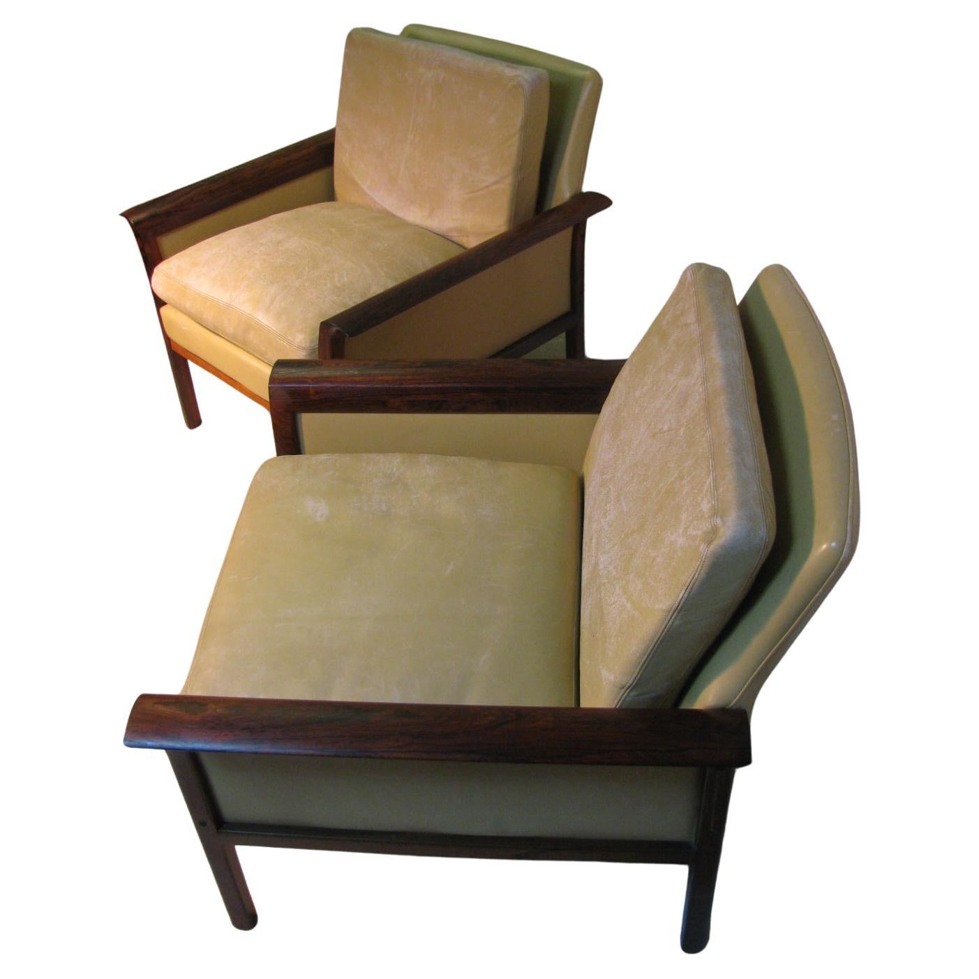 Mid-Century Modern Leather & Rosewood Lounge Chairs Knut Saeter for Vatne Mobler