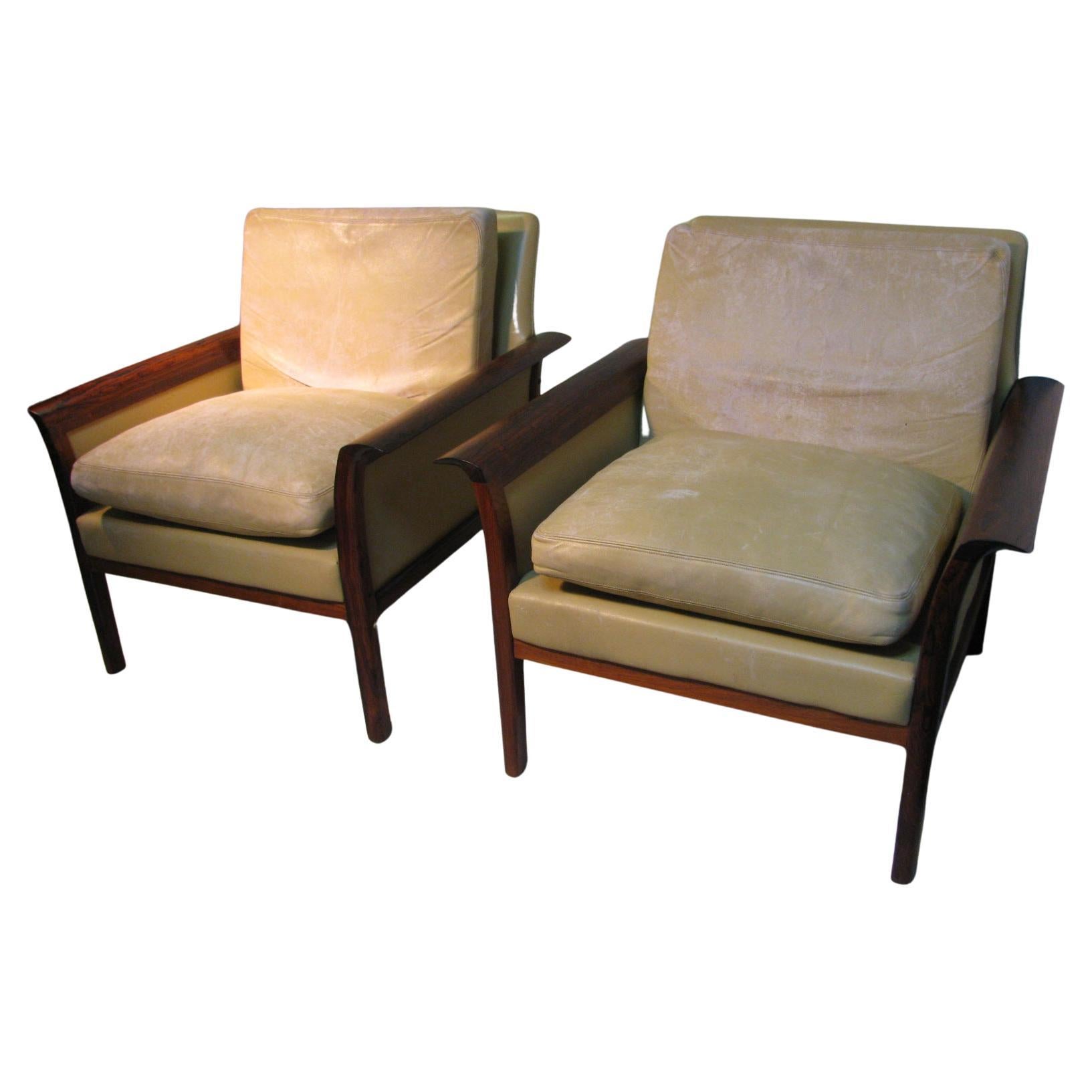 Norwegian Mid-Century Modern Leather & Rosewood Lounge Chairs Knut Saeter for Vatne Mobler