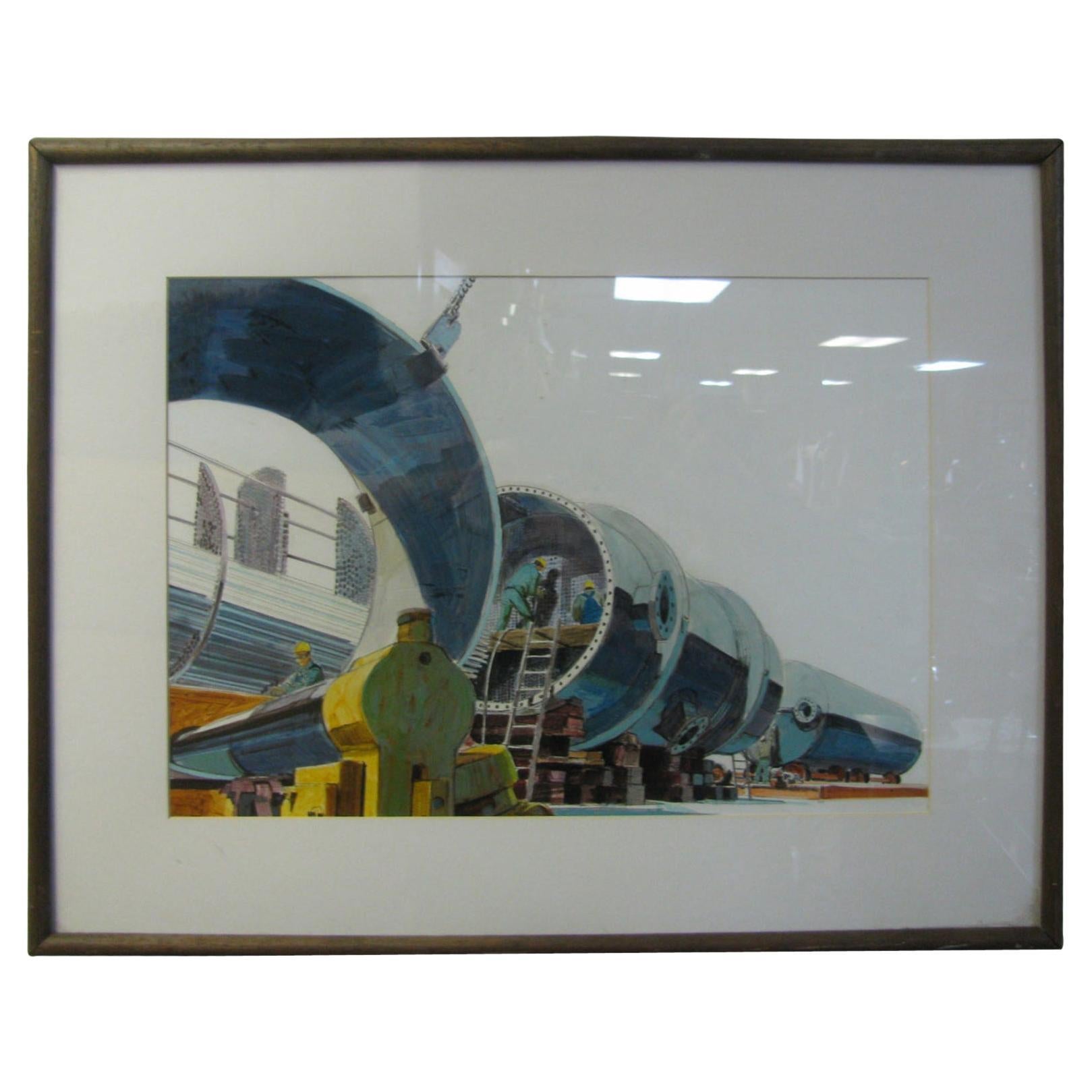 Midcentury Industrial Factory Illustration For Sale