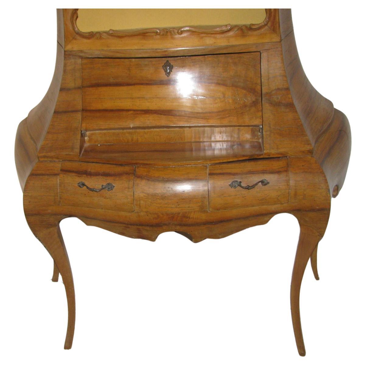 Italian Olive Burl Wood Bombe Secretary Vanity with Display Top & Matching Chair For Sale 1