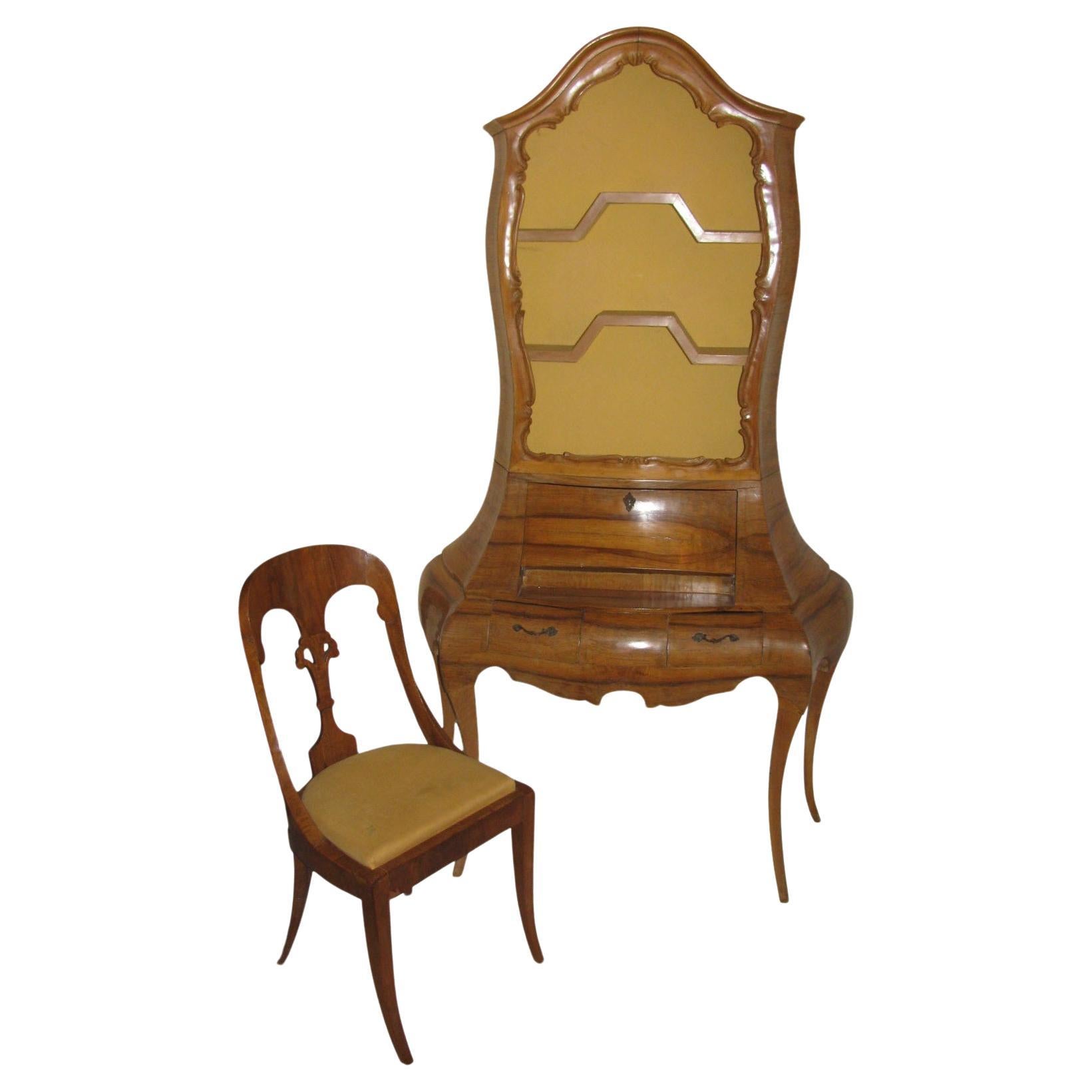 Italian Olive Burl Wood Bombe Secretary Vanity with Display Top & Matching Chair