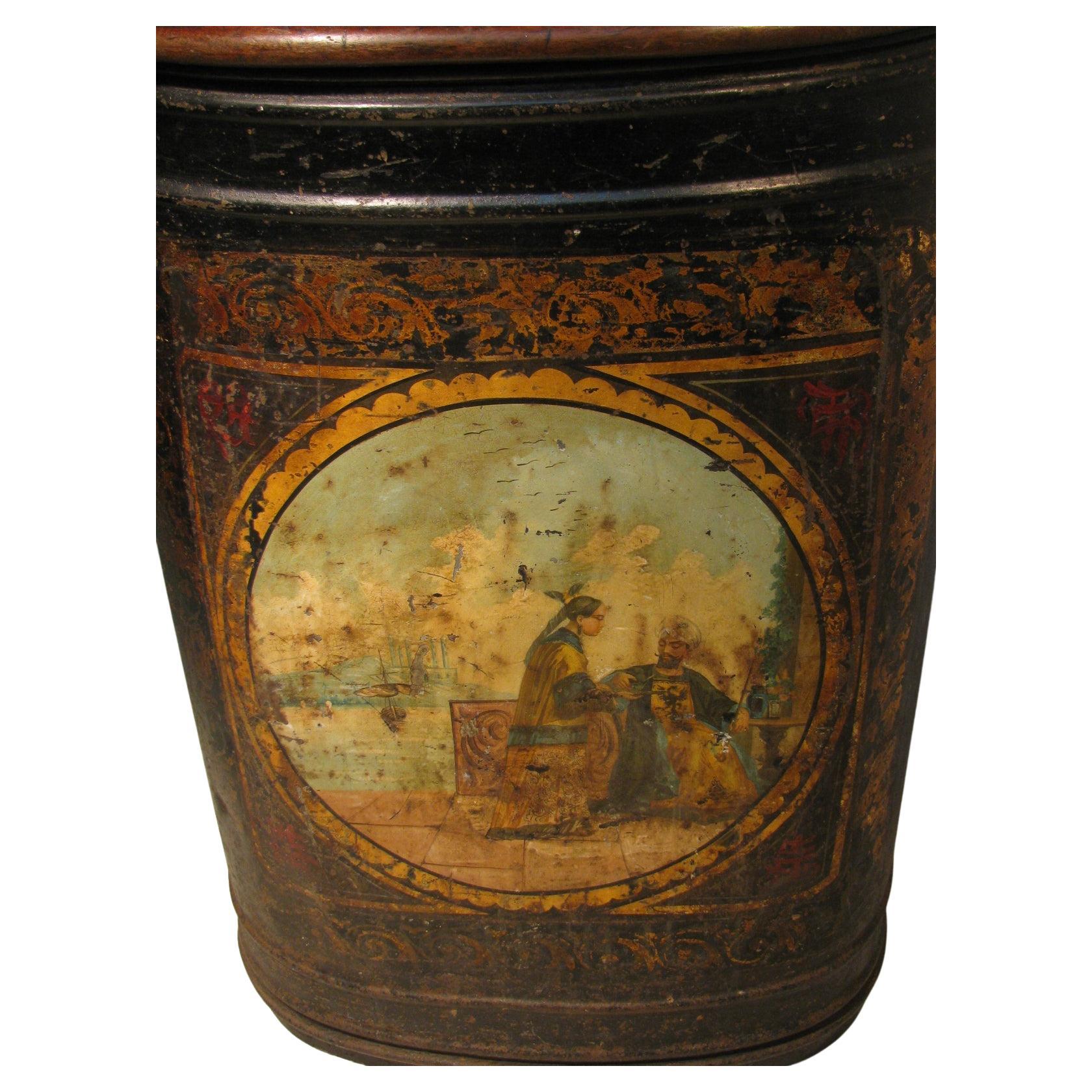 Fabulous and large store tea tin by Parnall & Sons who were the people to see for outfitting your store and much more as the company grew from 1830. Hand painted showing a girl serving a prince some tea alongside the harbor. Wooden top is mahogany