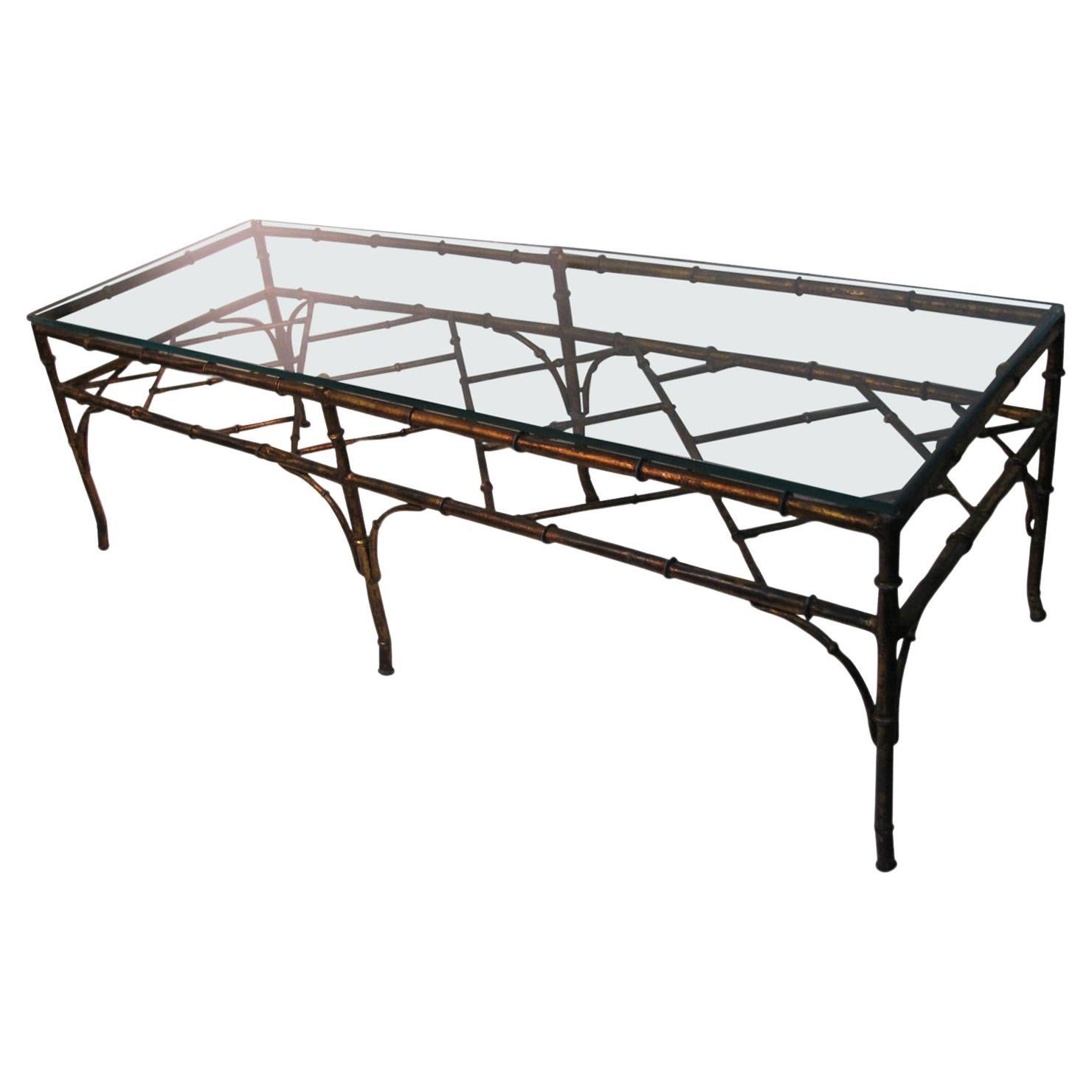 Gilt Iron Faux Bamboo Hollywood Regency Cocktail Table For Sale