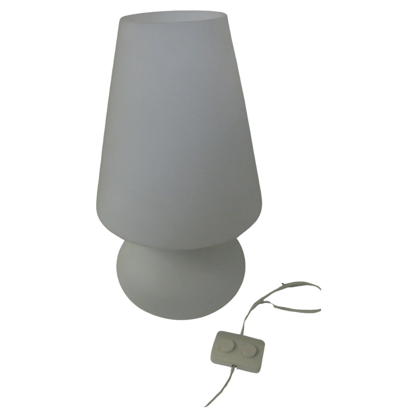 Fabulous one piece mushroom lamp base with shade. Has a lamp socket in the base as well as the shade with a separate switch for either. Frosted glass emits a warm pleasant glow when lit. Tall and elegant, wiring is sound. Picture with bottom, base