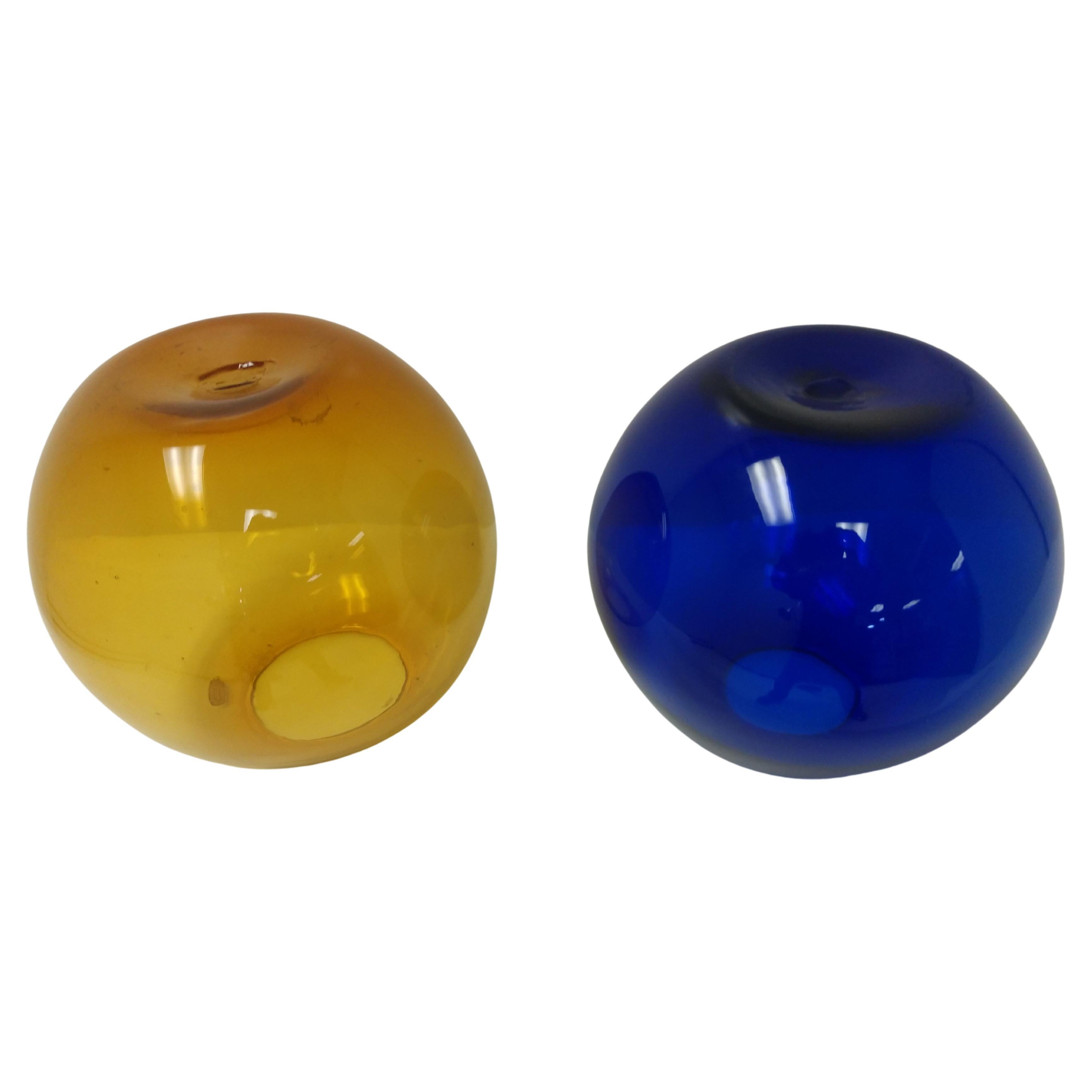 Mid-Century Modern Art Glass Vases by Blenko Blue and Amber Ball Form For Sale