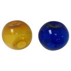 Vintage Mid-Century Modern Art Glass Vases by Blenko Blue and Amber Ball Form