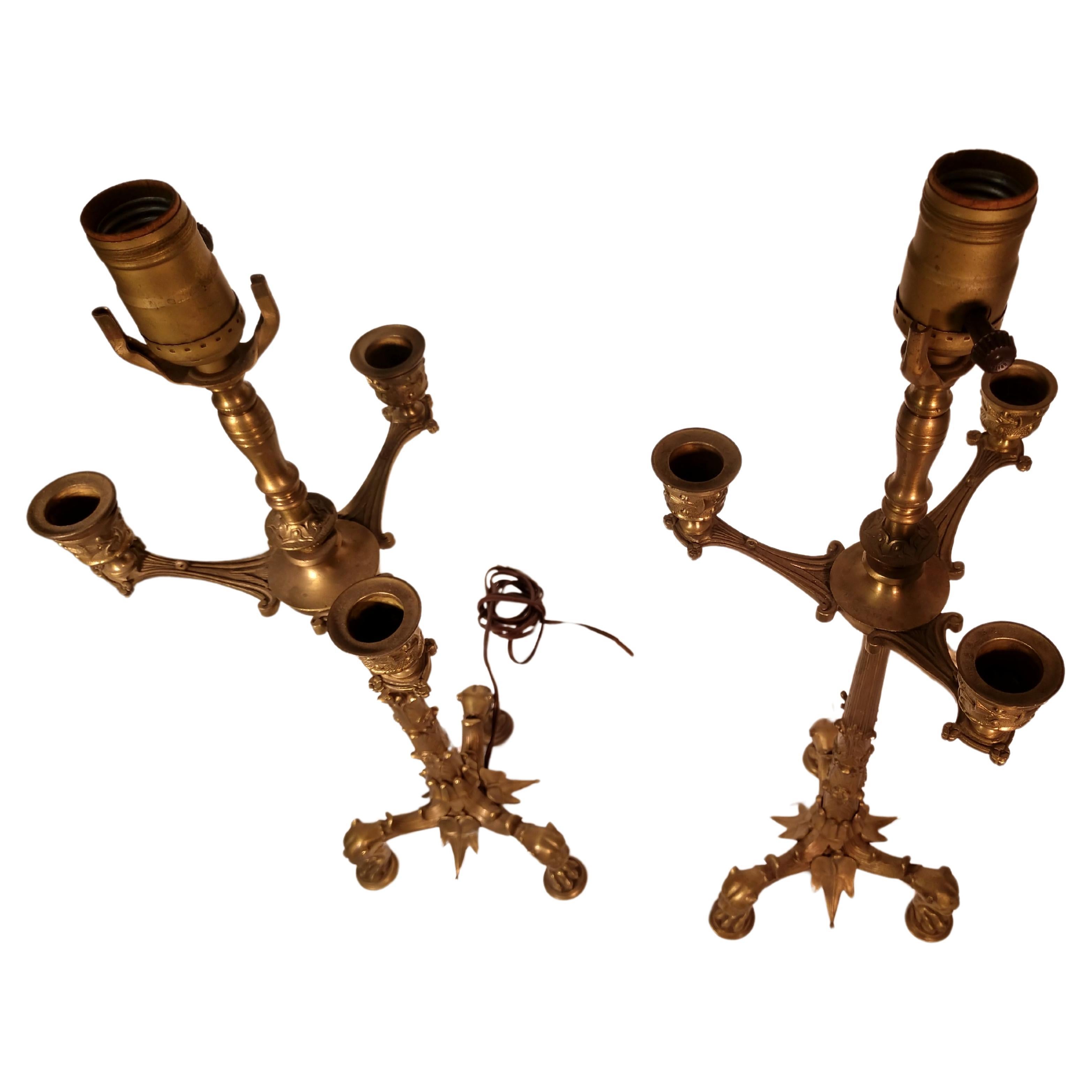 Pair of 19th Century Brass Baroque Candelabra Table Lamps with Lions Heads 1