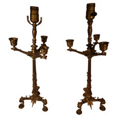 Pair of 19th Century Brass Baroque Candelabra Table Lamps with Lions Heads