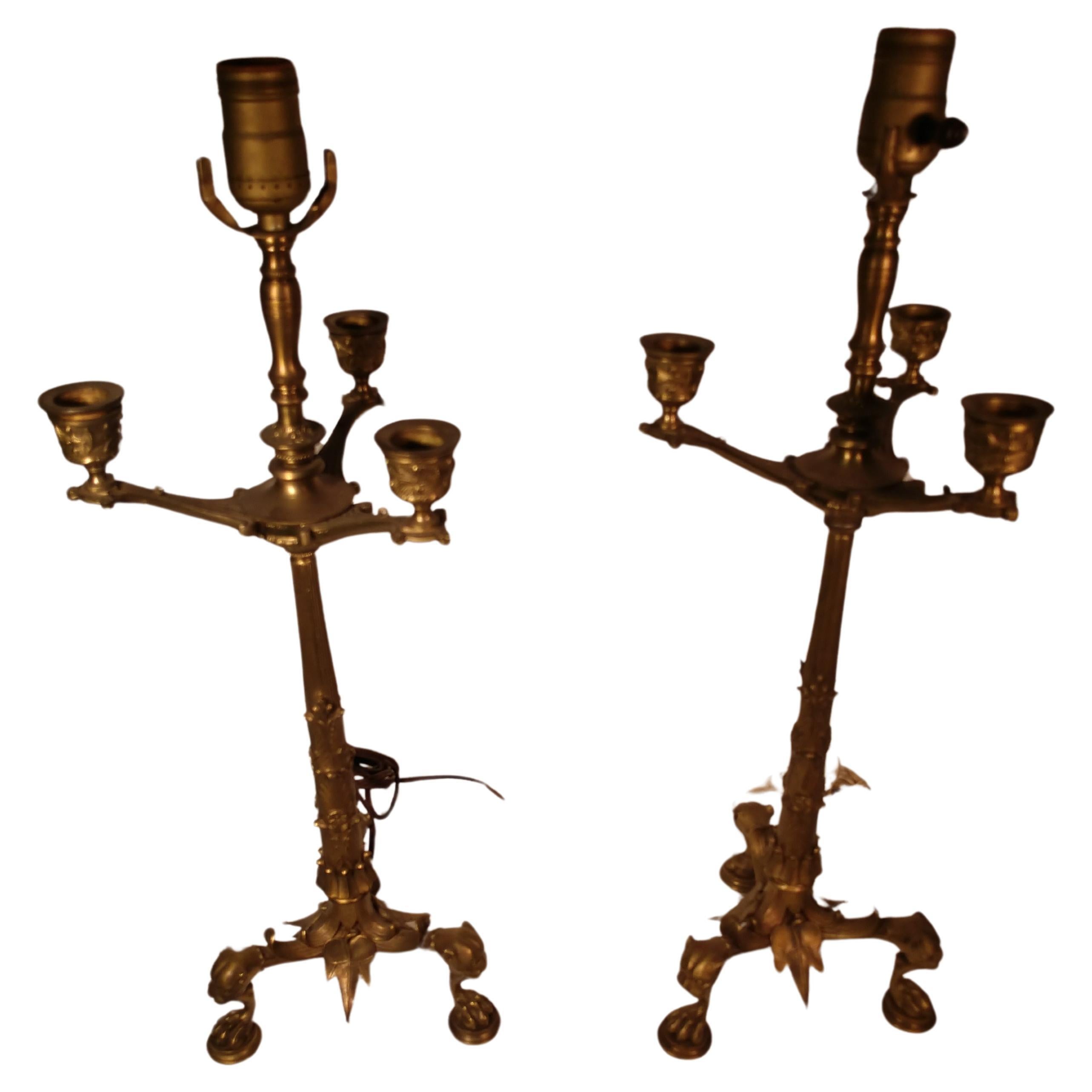 Pair of 19th Century Brass Baroque Candelabra Table Lamps with Lions Heads