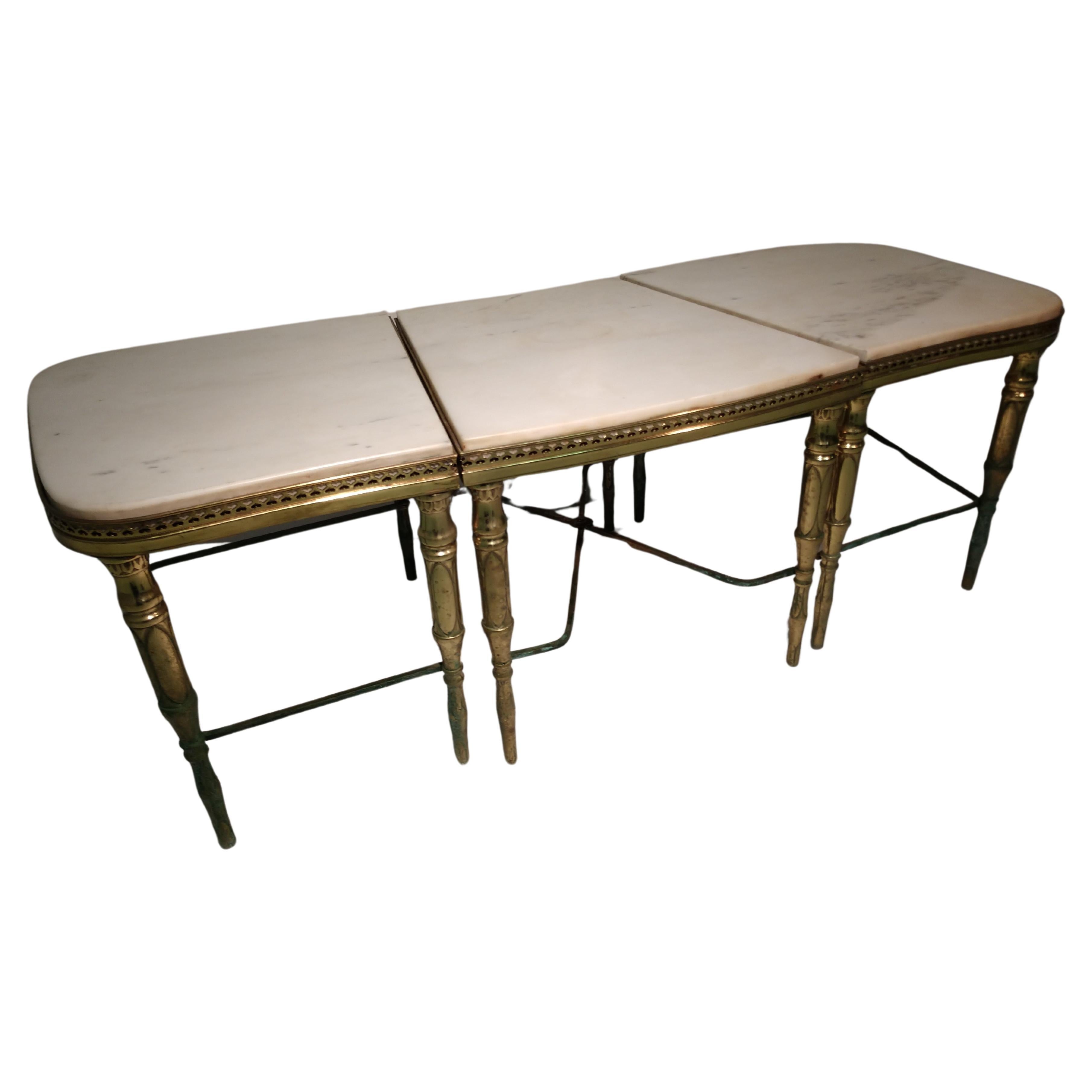 Unusual 3 piece, which is 3 separate tables which butt up against each other to form 1 table. Although they can be used separately or spaced apart with a gap between them. Each table, slightly angled is about 18 inches at it's widest point. Bases