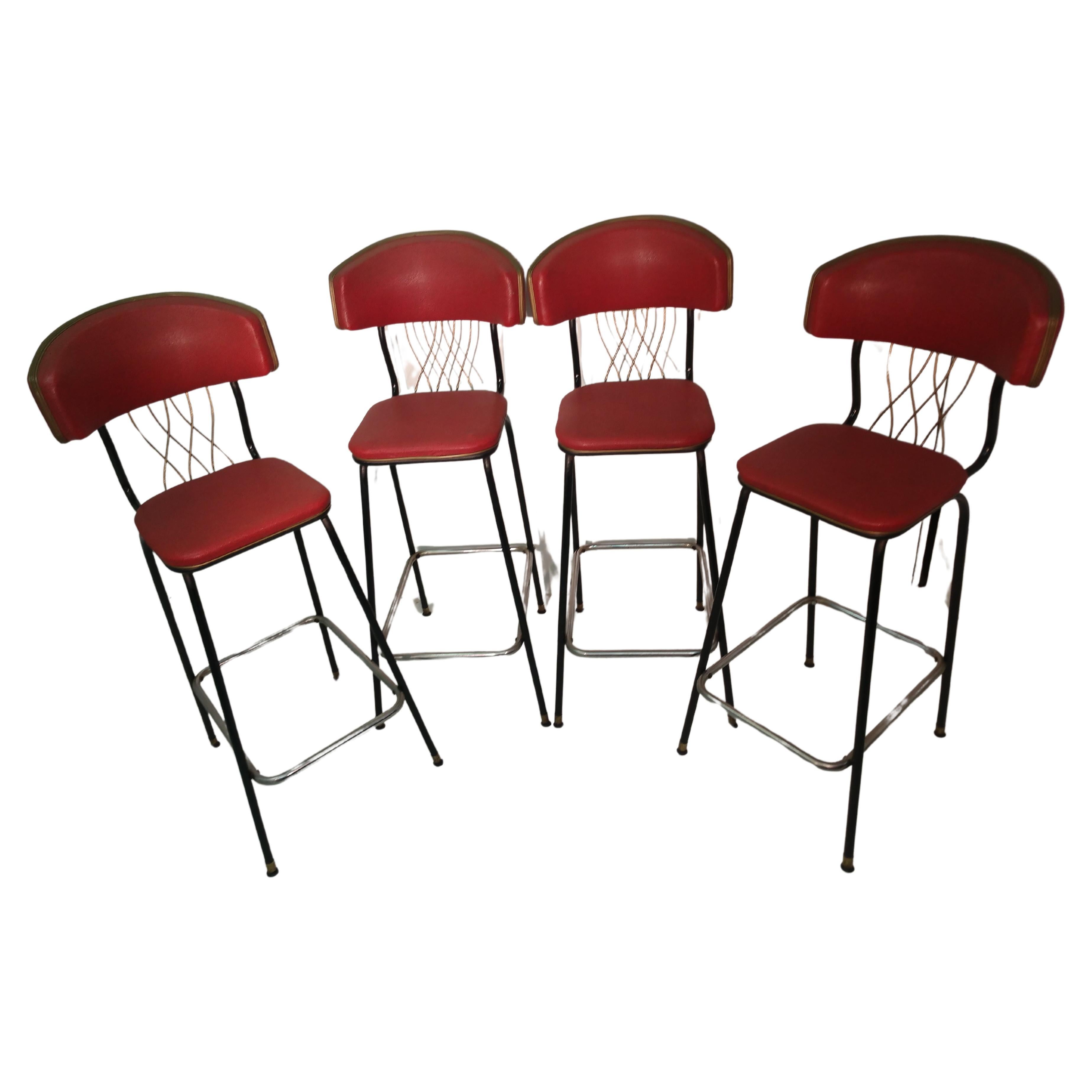 Mid Century Vintage C1950 Tall High Back Bar Stools with Original Vinyl  For Sale