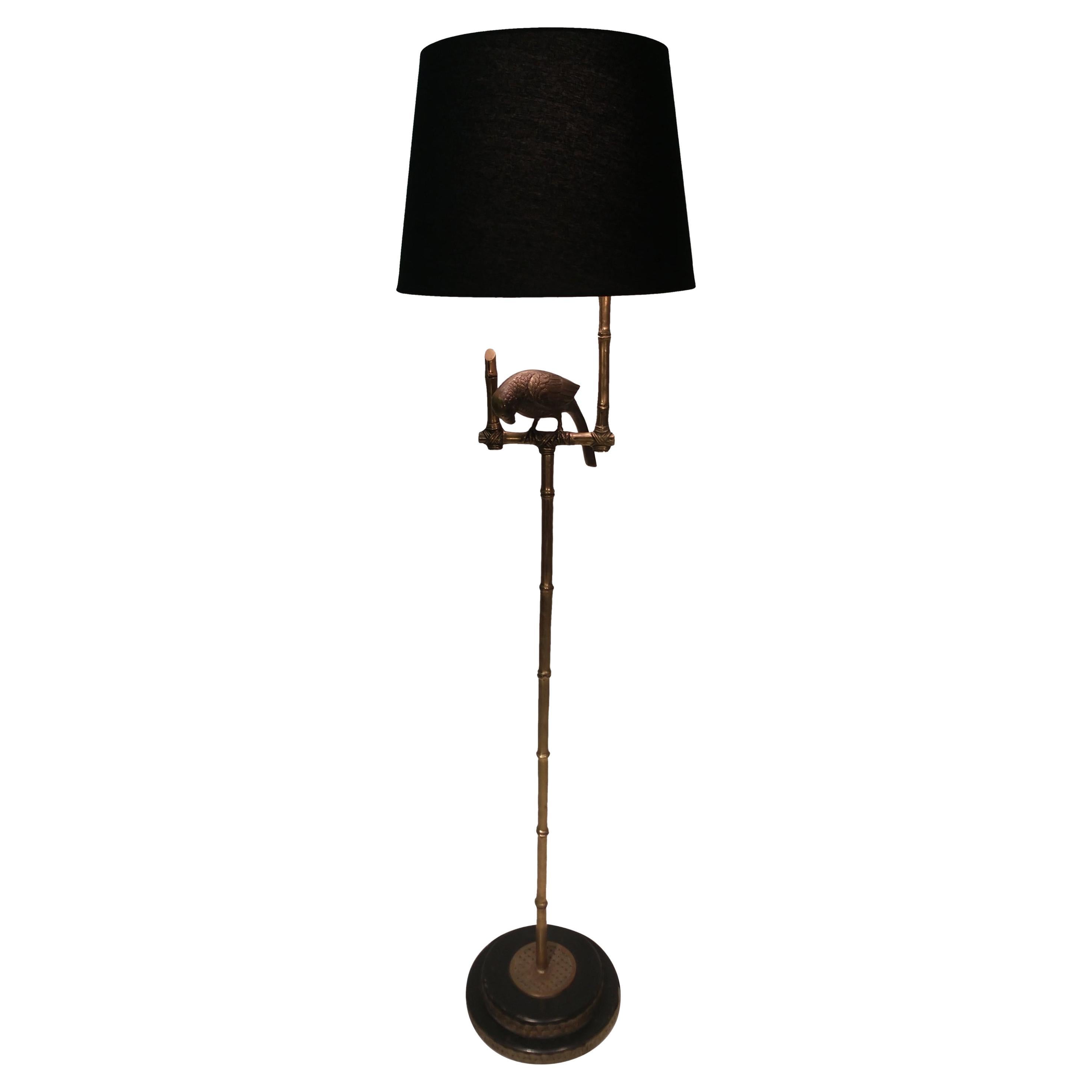 Mid Century Faux Bamboo Brass Floor Lamp by Frederic Cooper with Cast Brass Bird For Sale