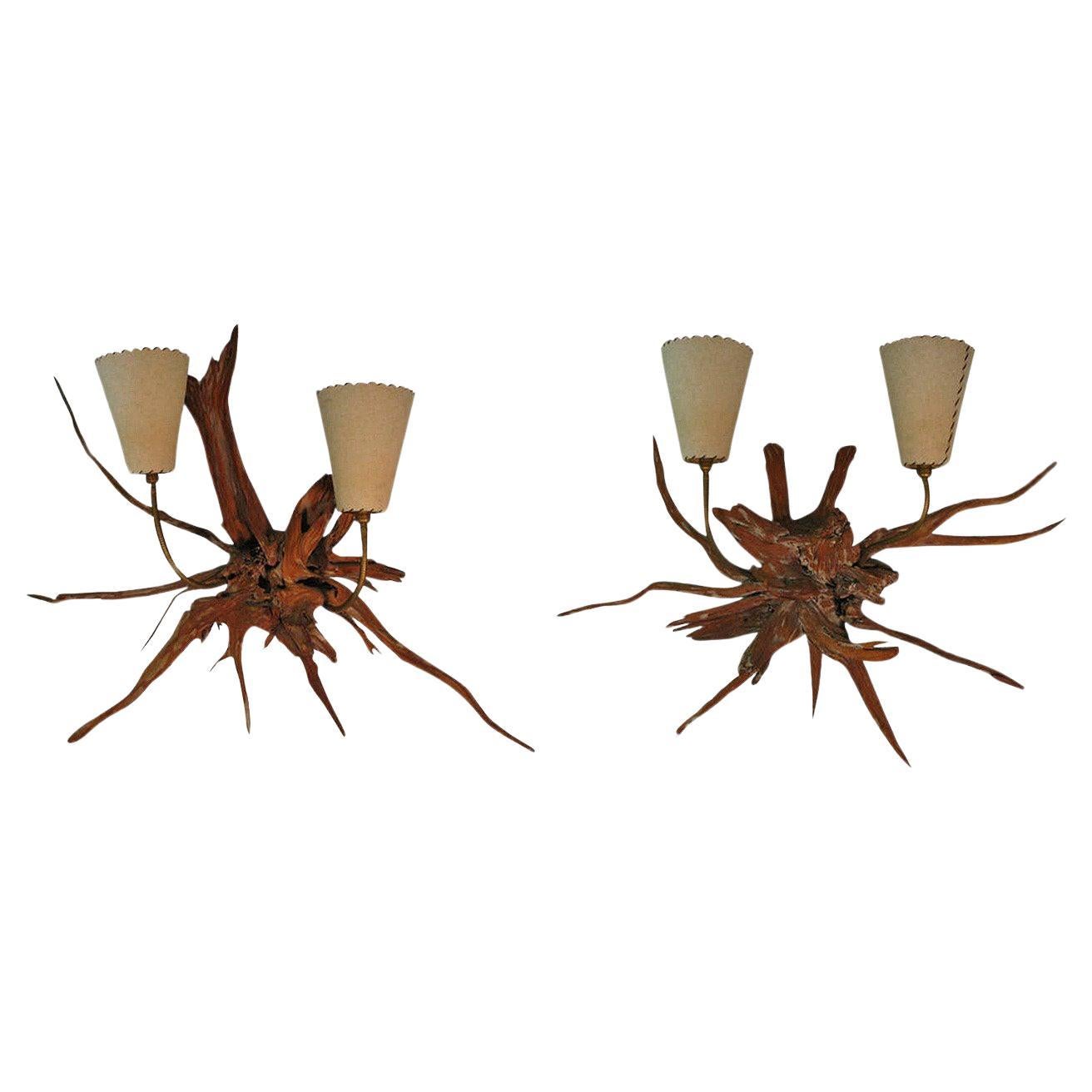  Pair of Mid-Century Modern Sun Bleached Sculptural Root Wall Sconces For Sale