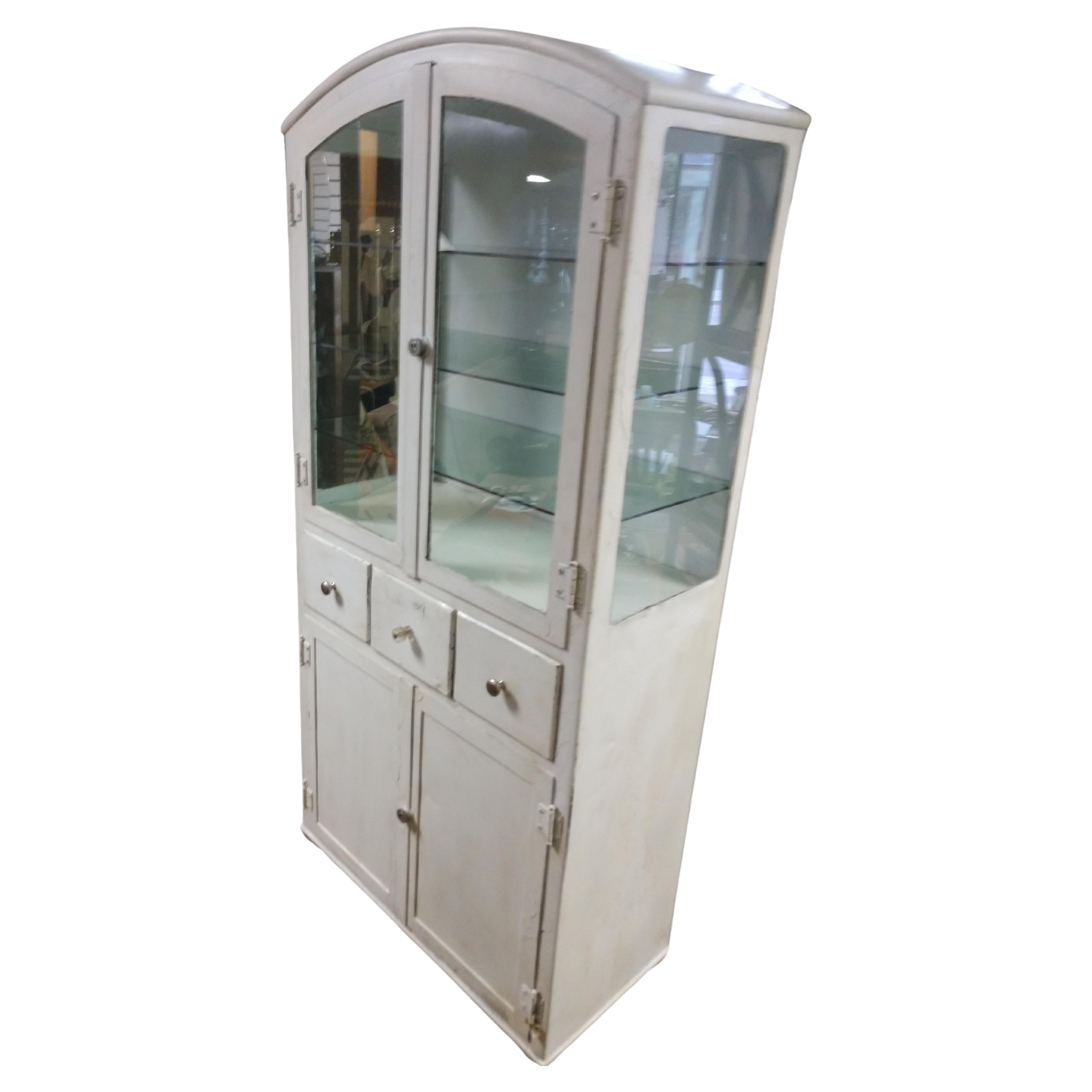 American Art Deco Arch Top Steel and Glass Medical Cabinet C1928 For Sale