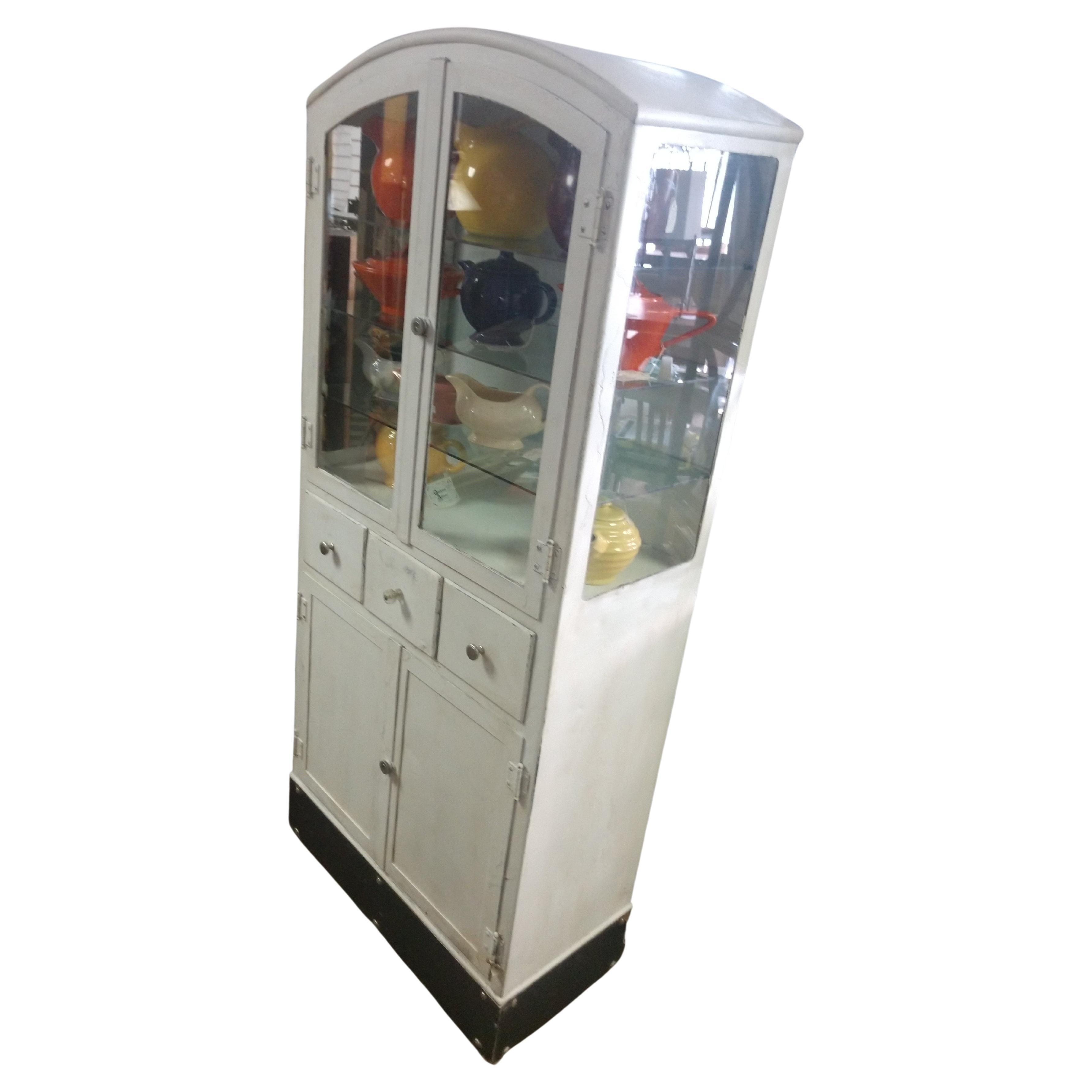 Industrial Art Deco Arch Top Steel and Glass Medical Cabinet C1928 For Sale