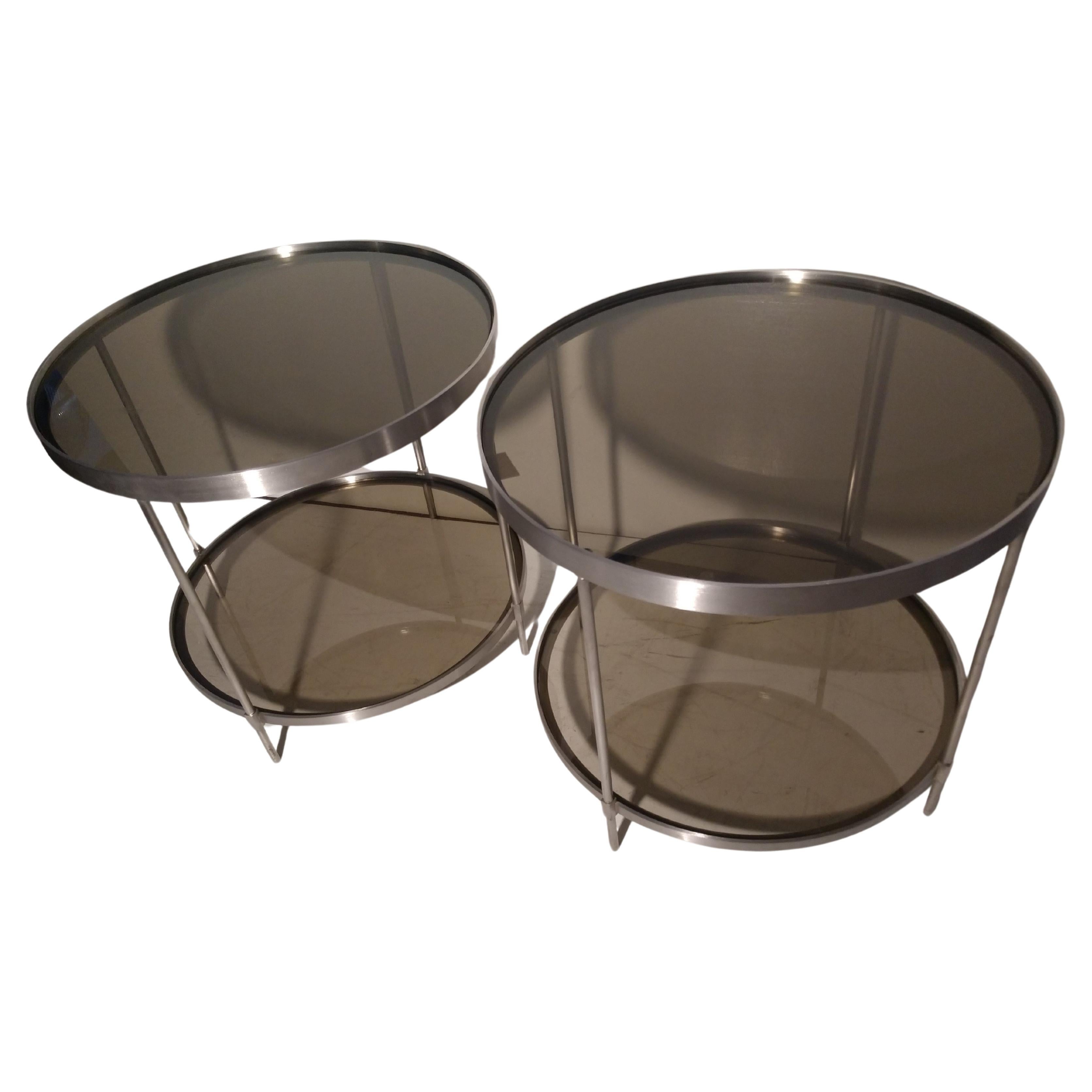 American Pair of Mid Century Modern Stainless Steel Round End Tables with Smoked Glass For Sale