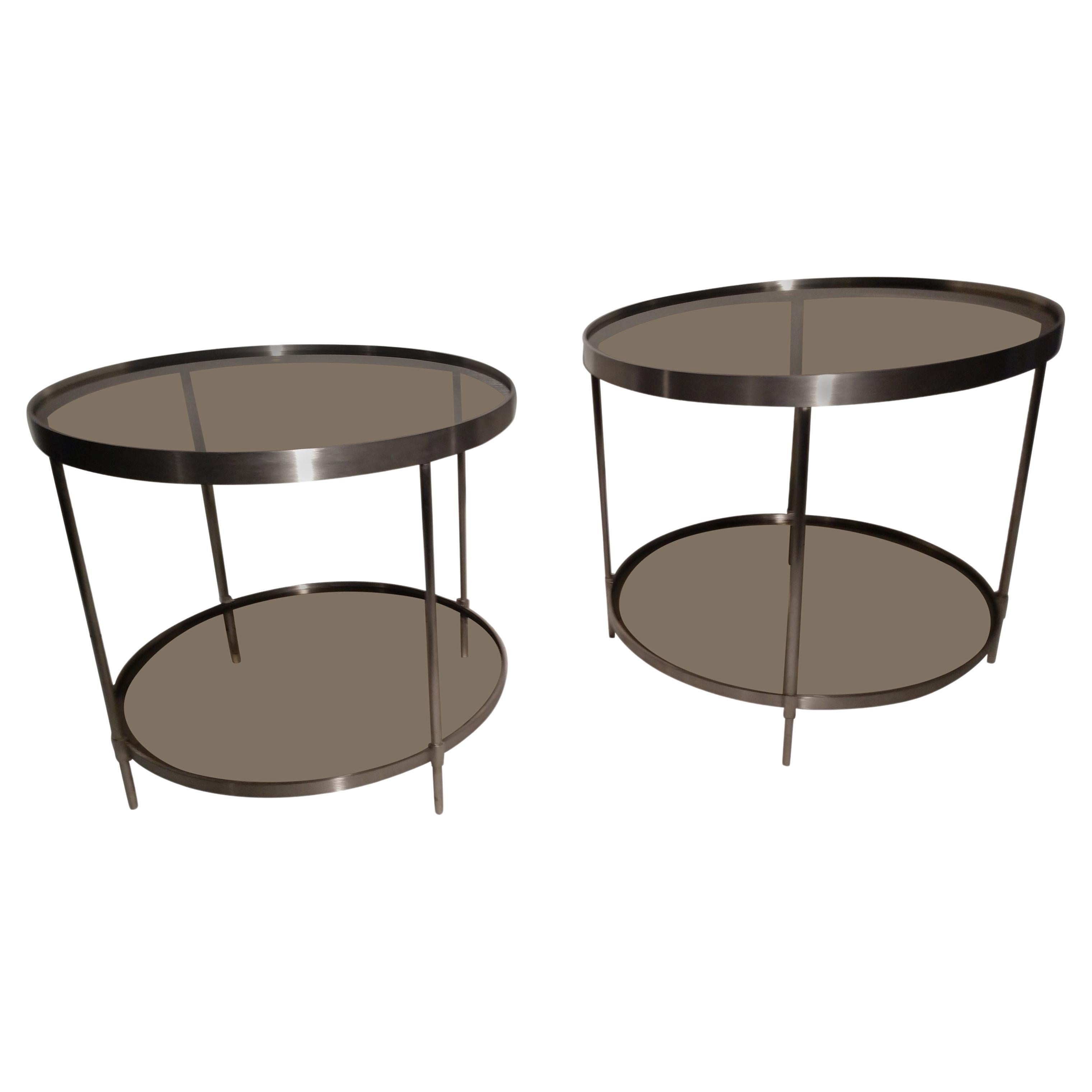 Pair of Mid Century Modern Stainless Steel Round End Tables with Smoked Glass For Sale