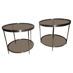 Retro Pair of Mid Century Modern Stainless Steel Round End Tables with Smoked Glass