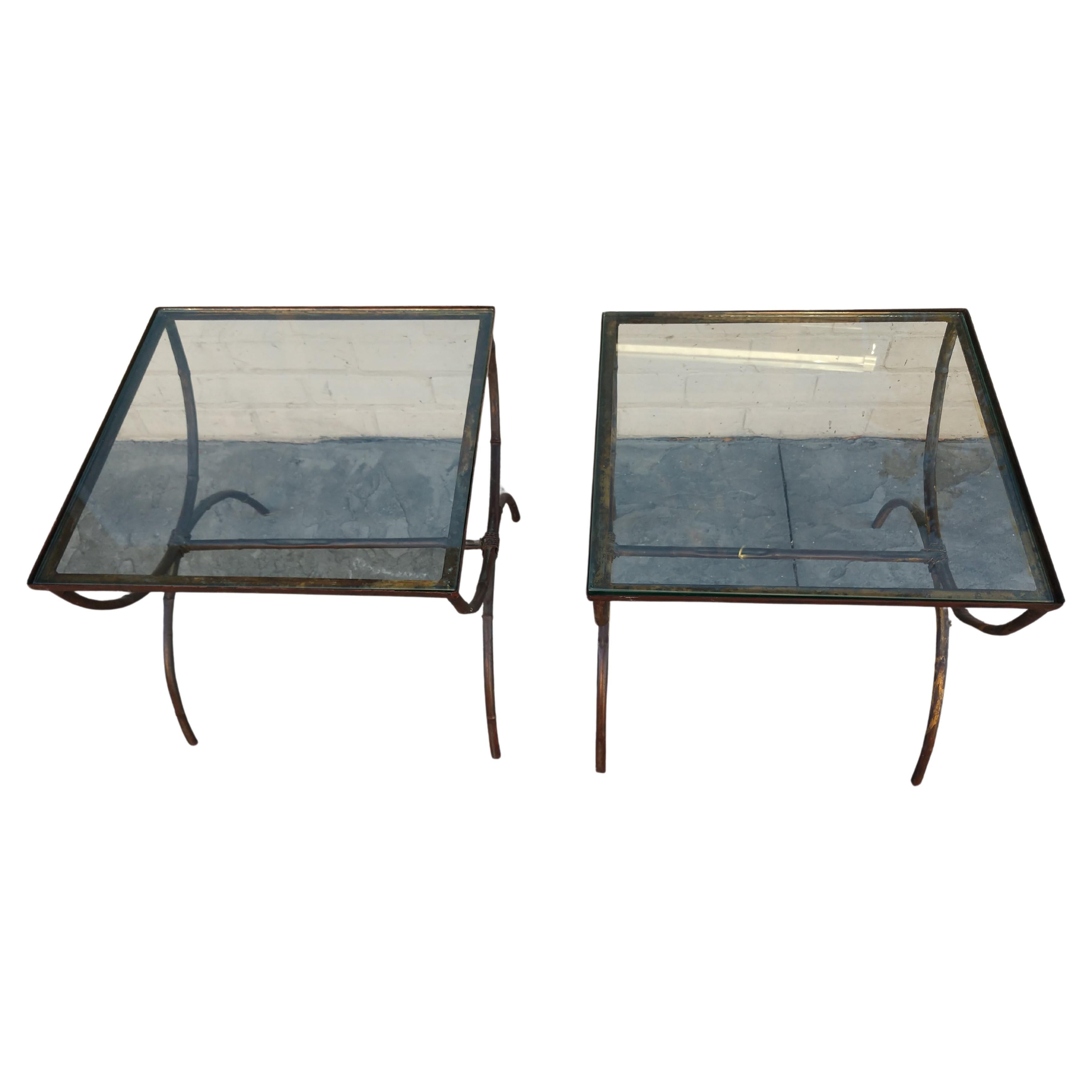Pair Of Mid Century Gilt Faux Bamboo Glass Top Side or End Tables In Good Condition For Sale In Port Jervis, NY