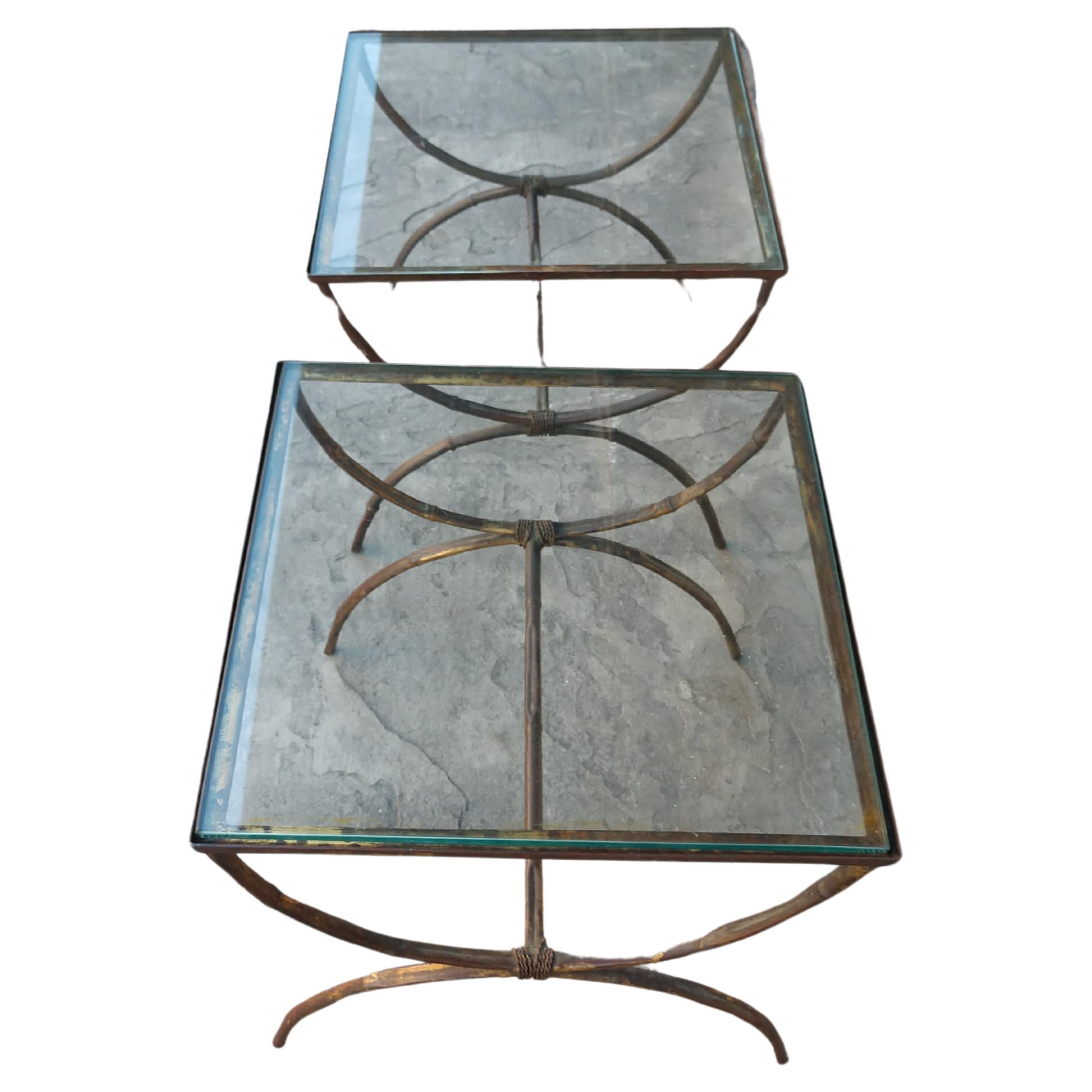 American Pair Of Mid Century Gilt Faux Bamboo Glass Top Side or End Tables For Sale
