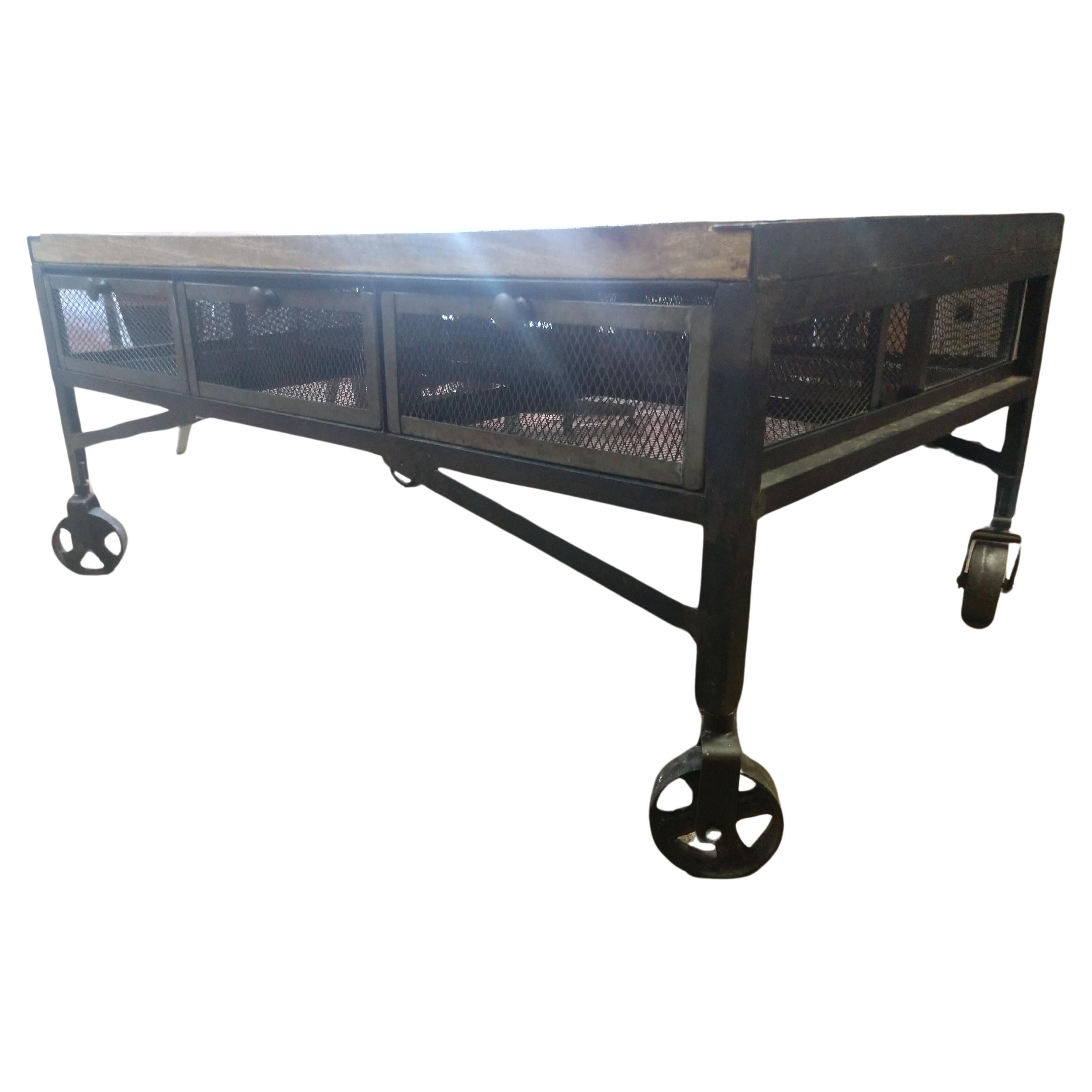 Industrial Style Loading Dock Cart Cocktail Table Six Wire Basket Drawers For Sale 2