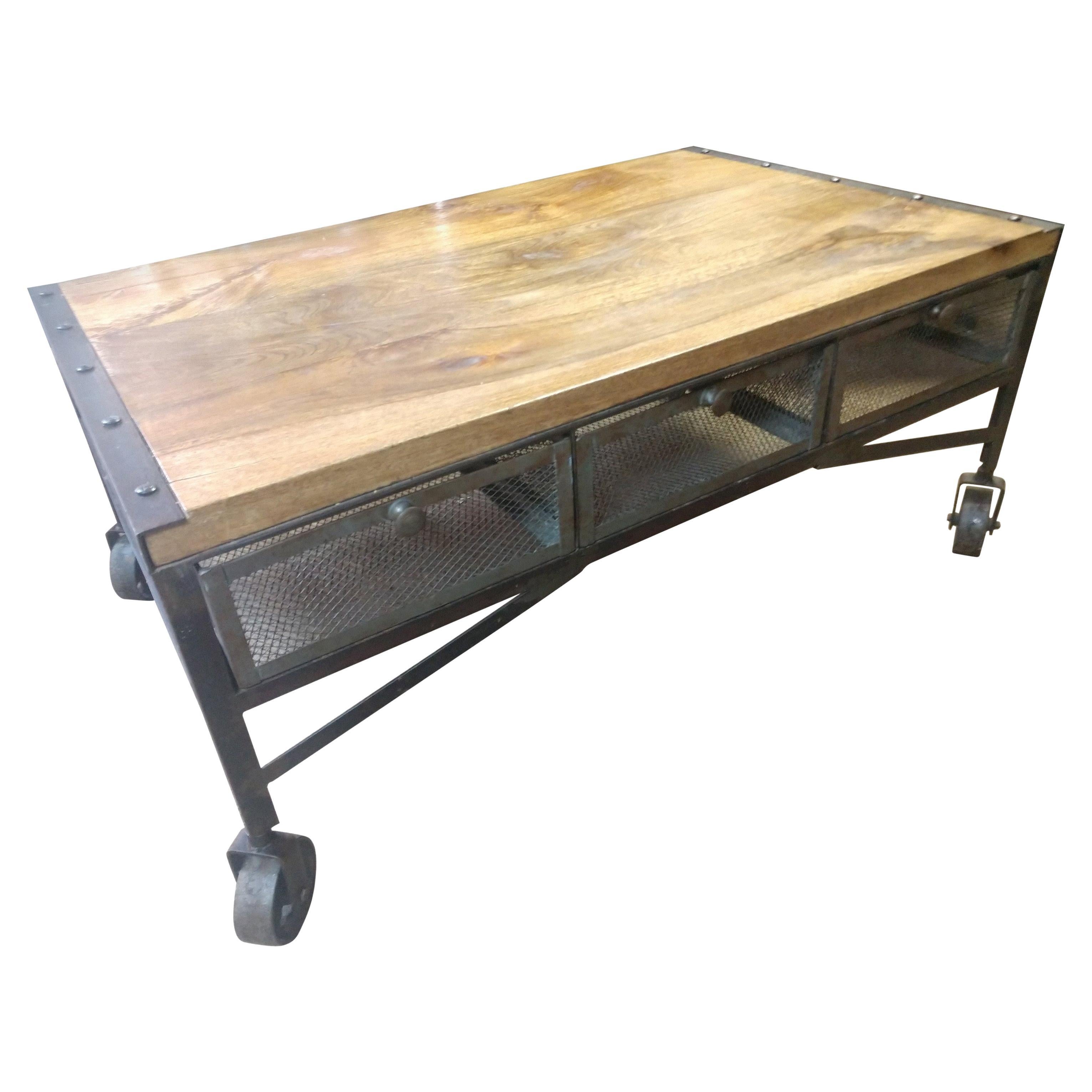 Iron Industrial Style Loading Dock Cart Cocktail Table Six Wire Basket Drawers For Sale